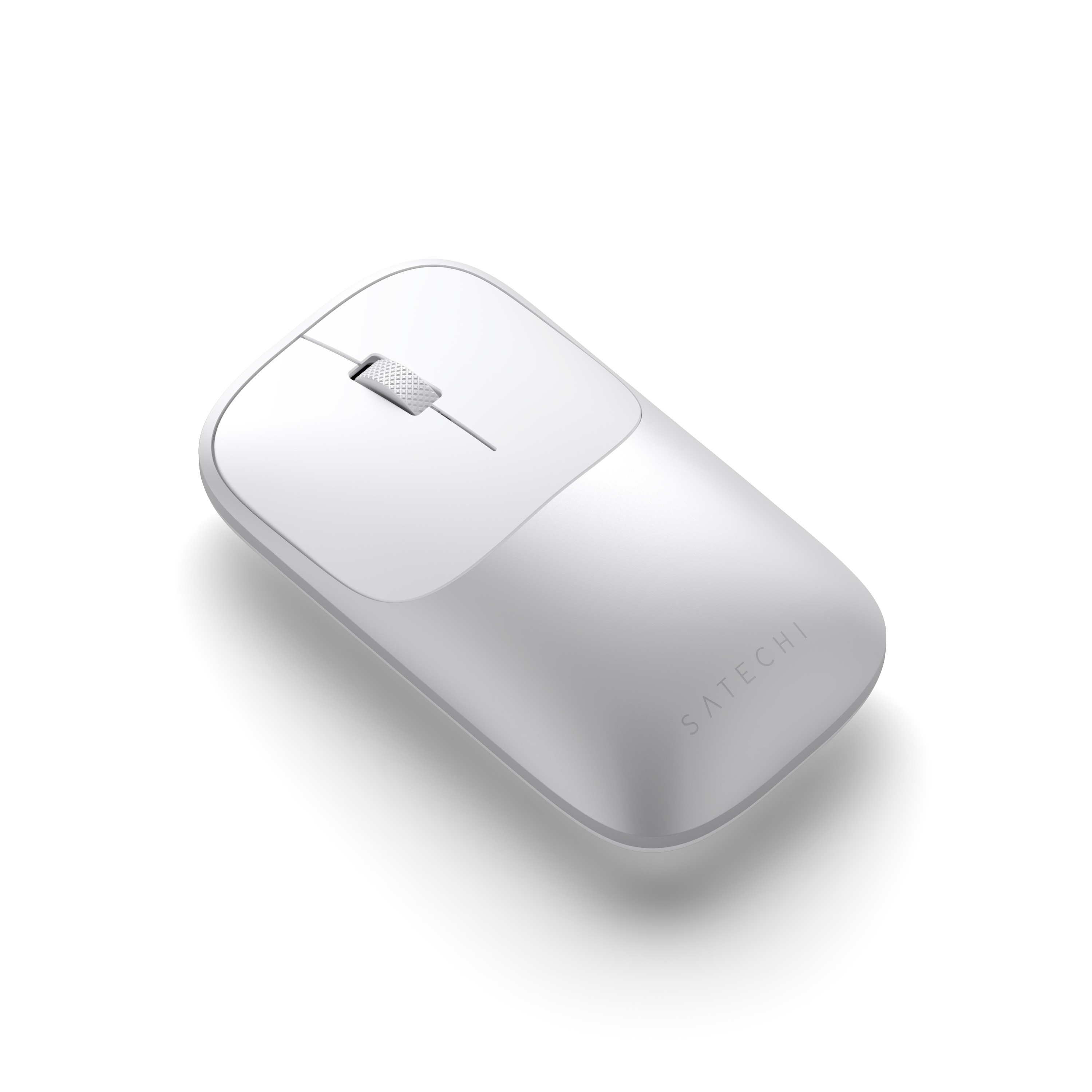 Een witte Satechi muis met een scrollwiel, die een schaduw werpt op een witte achtergrond.