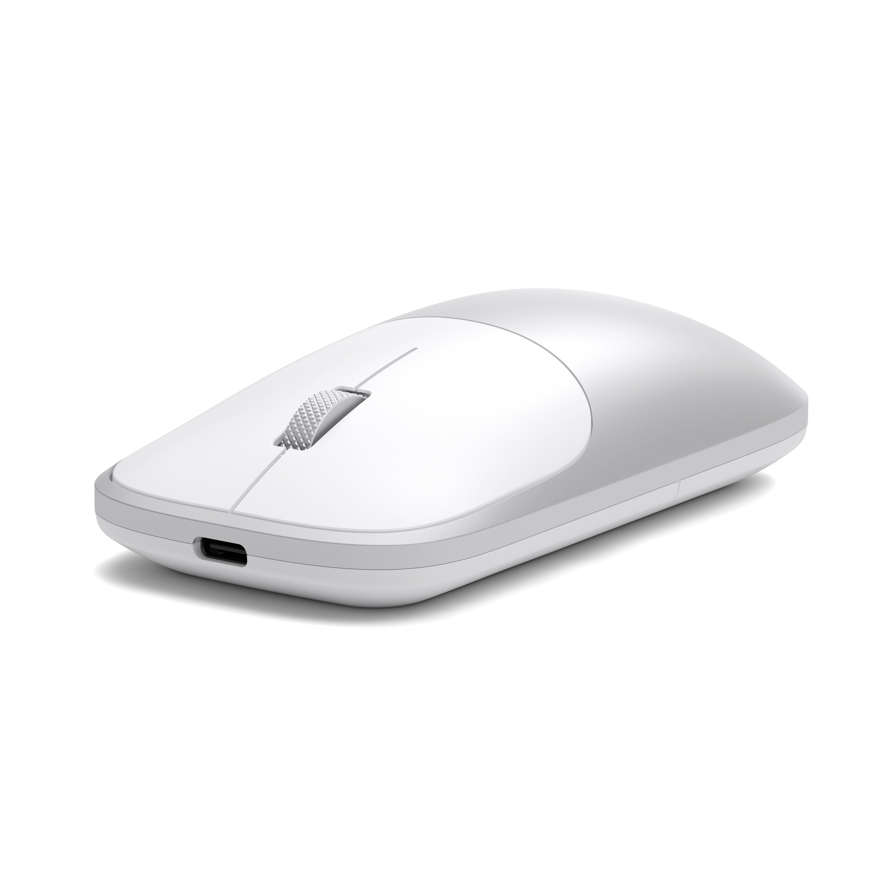 Een witte en grijze computermuis met een USB-C-poort.