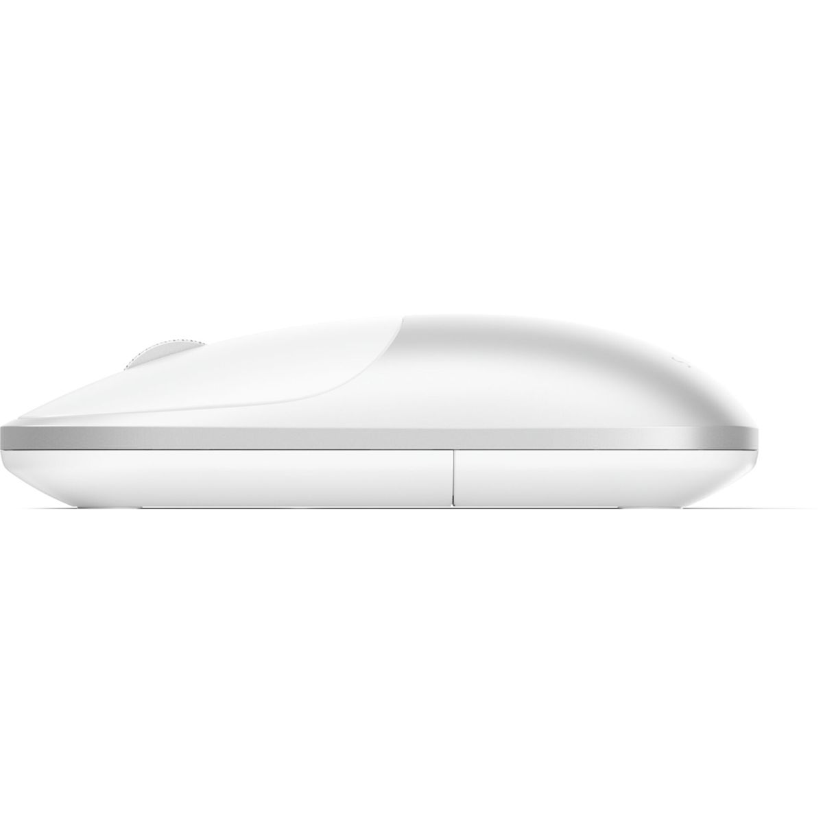 Witte computermuis, zijaanzicht met scrollwiel en zilveren streep.