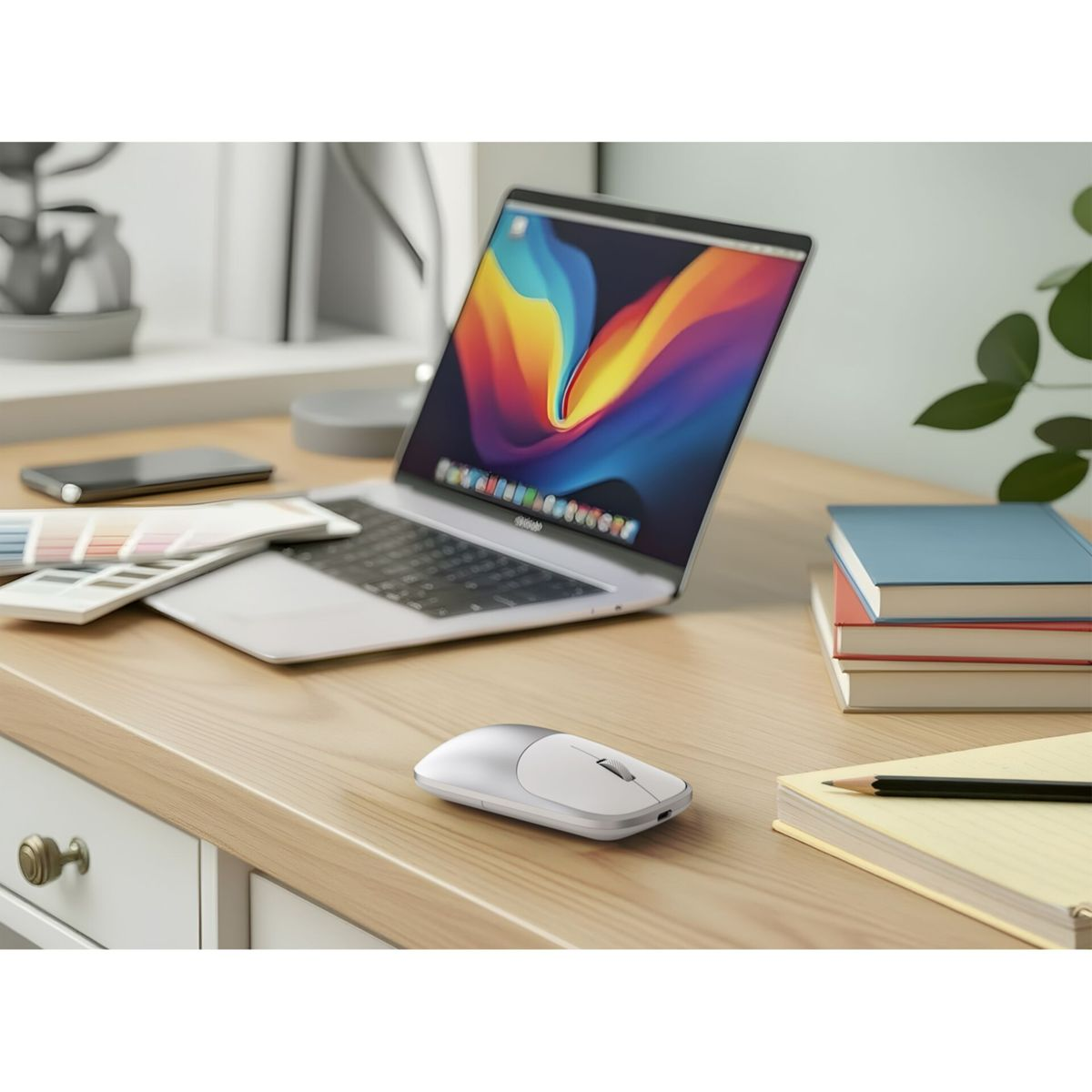 Een zilveren laptop met kleurrijke achtergrond, muis, boeken en telefoon op een houten bureau.