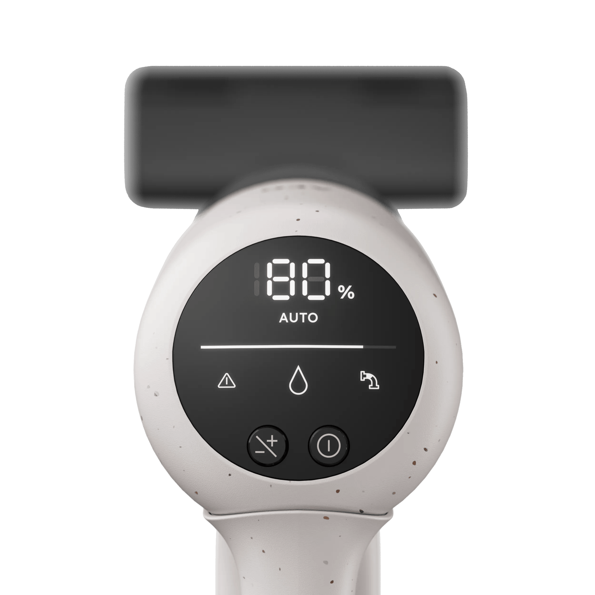 Un dispositivo con pantalla digital muestra 80% AUTO, icono de advertencia, gota de agua y grifo.