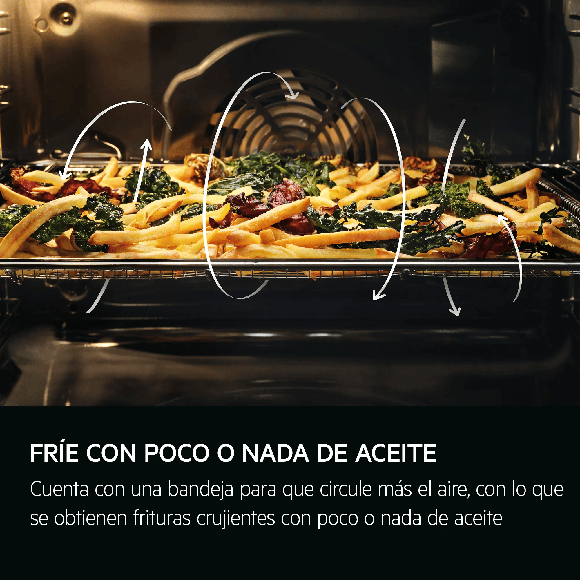 Patatine e verdure su una griglia in un forno, con frecce che mostrano la circolazione dell'aria.