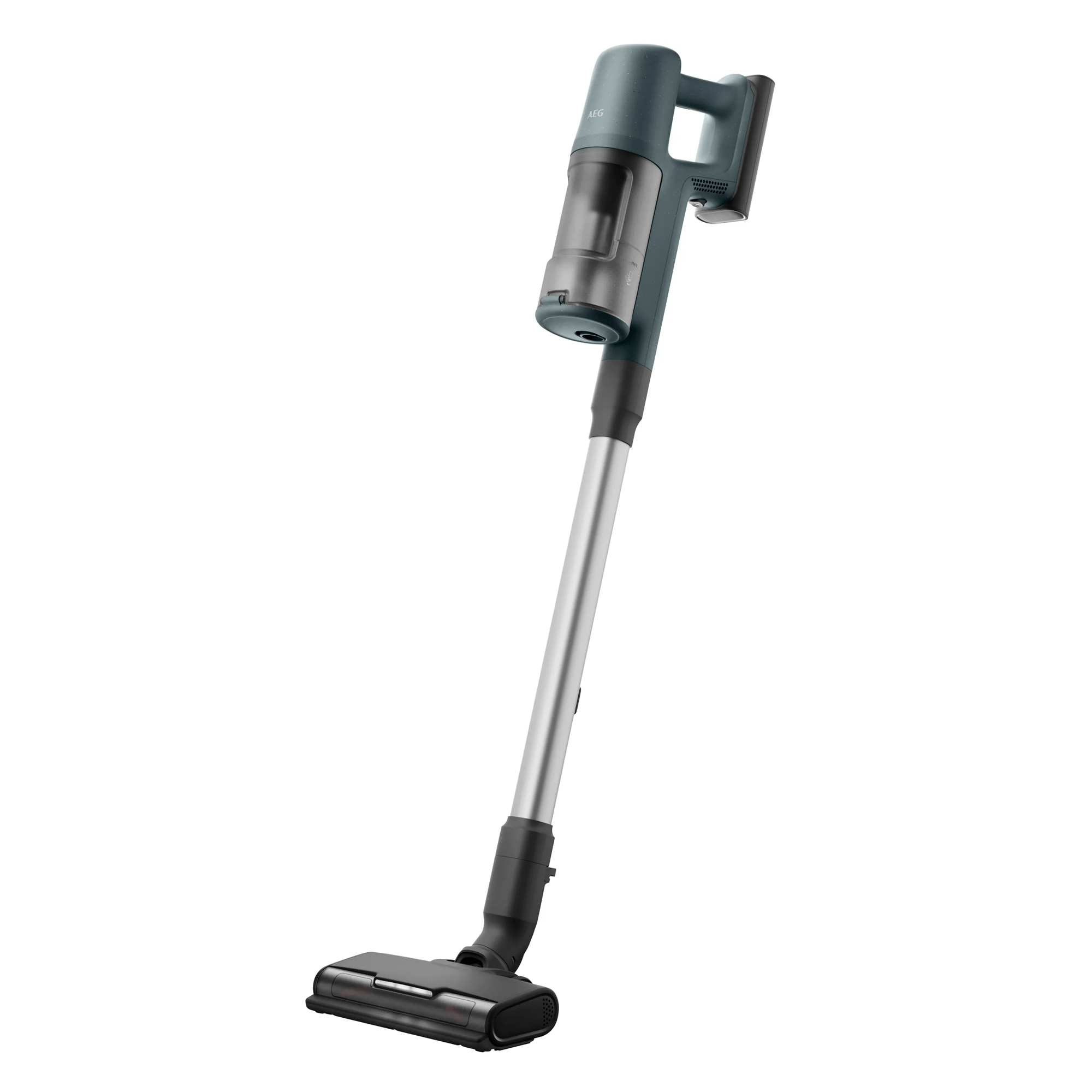 Una aspiradora inalámbrica moderna y elegante en verde oscuro con tubo plateado y cabezal de suelo negro.