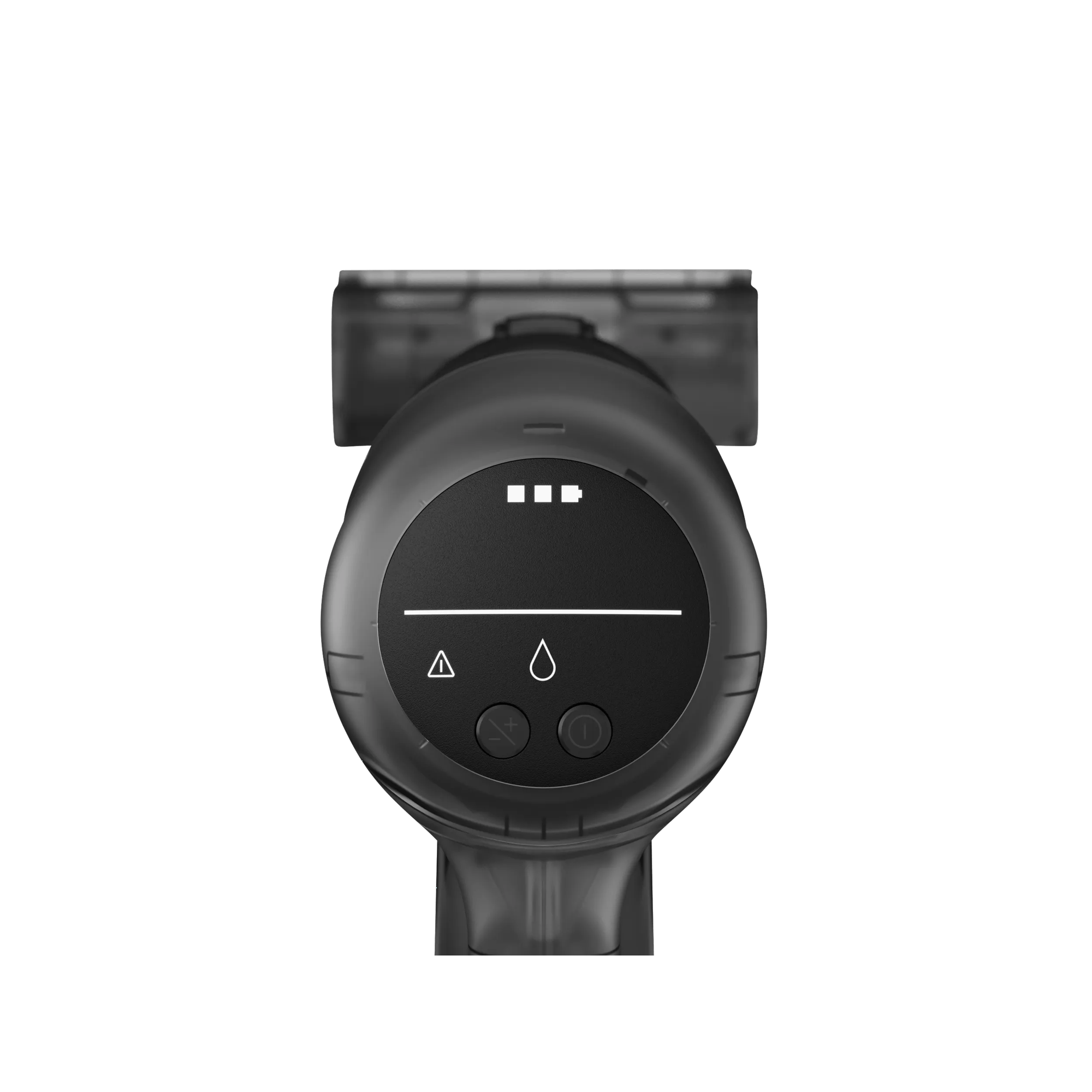 Mango de aspiradora negra con pantalla digital que muestra batería, señal de advertencia y gota de agua.