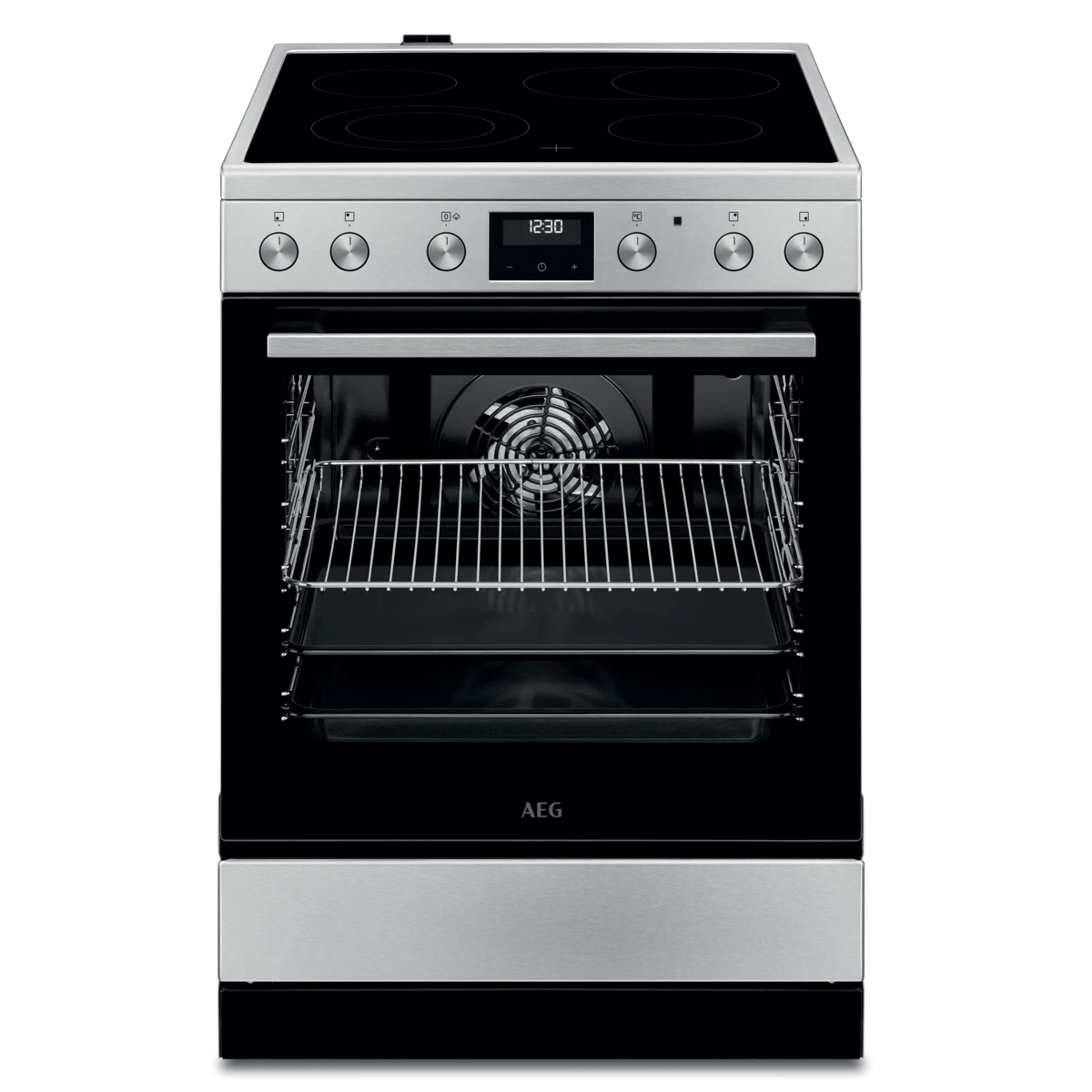 Fornello elettrico autoportante con piano cottura in vetroceramica, display digitale e forno aperto.