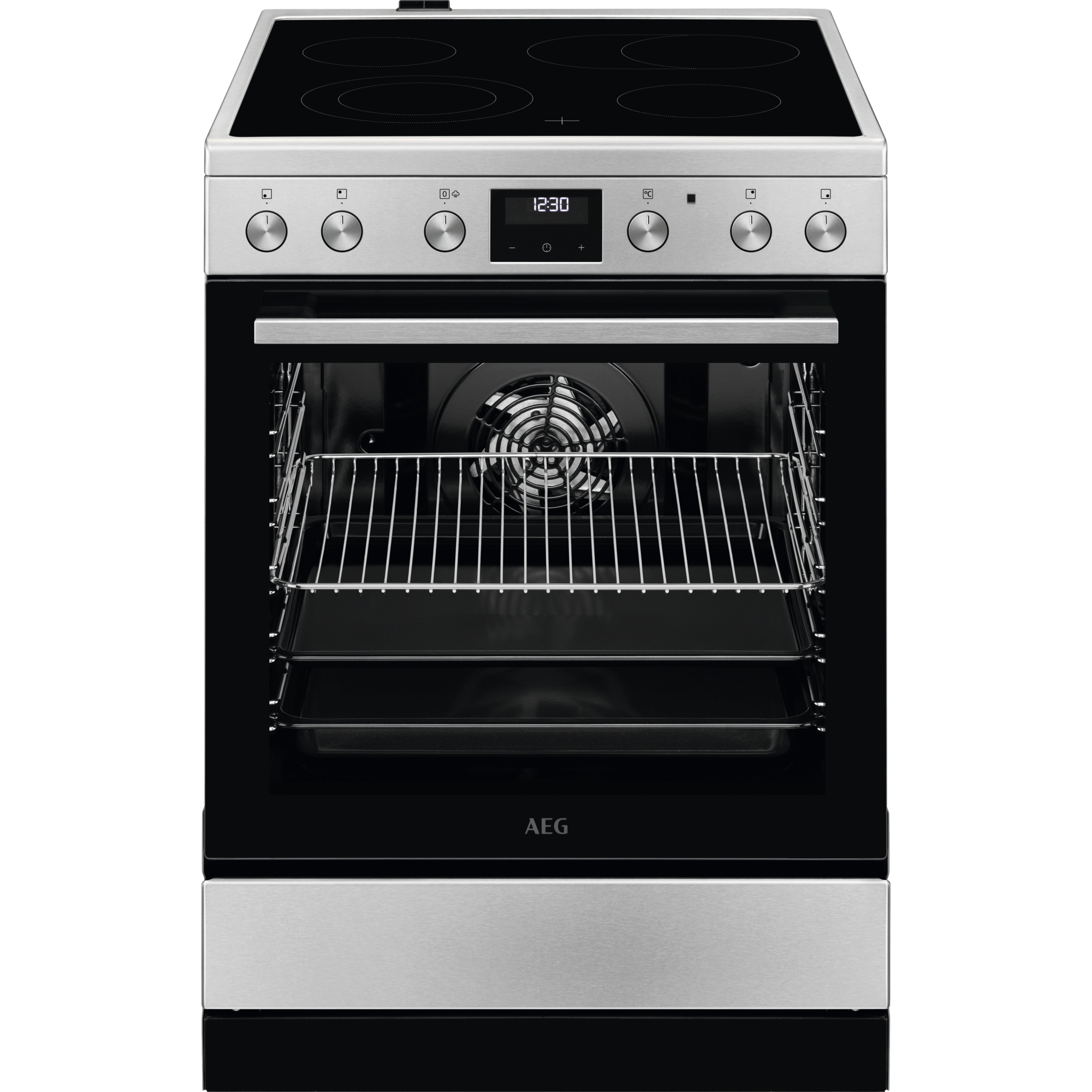 Un forno AEG argentato con porta nera e piano cottura a induzione.