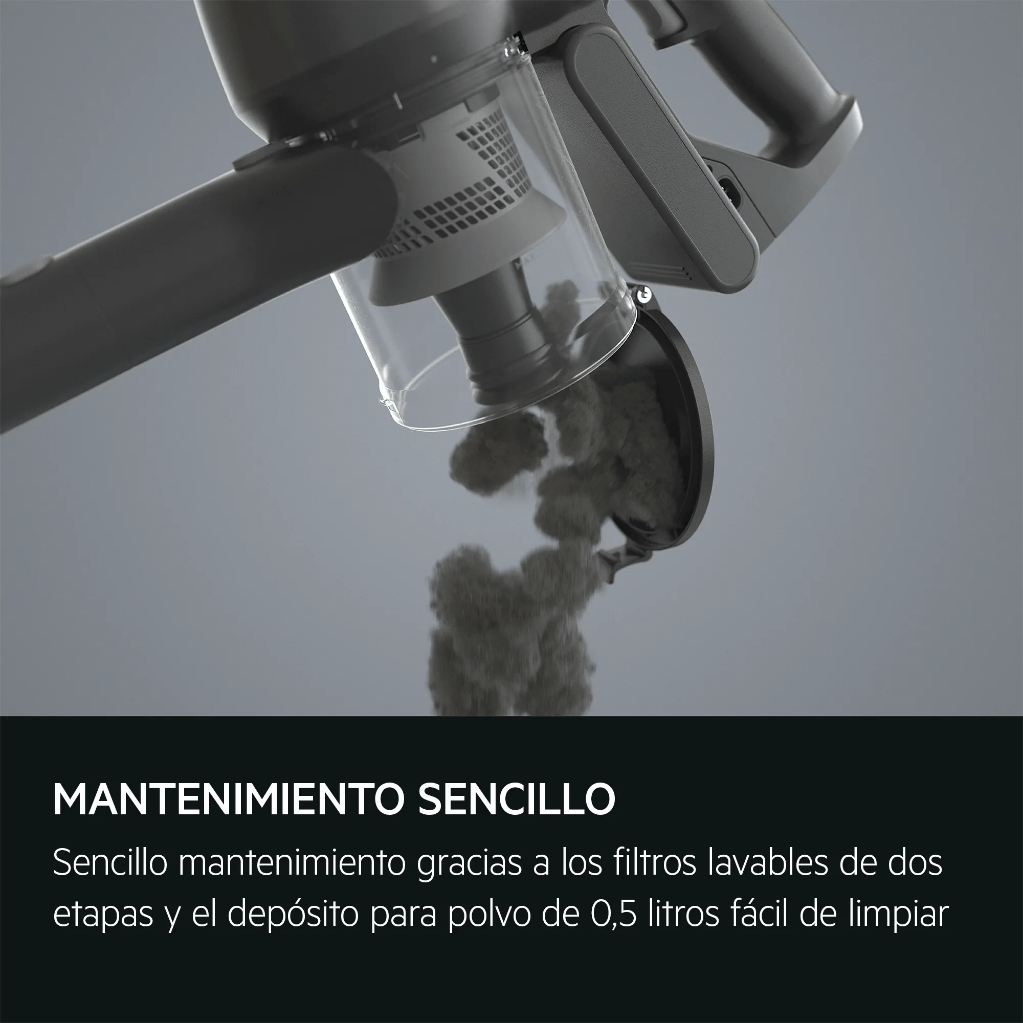 Contenitore polvere aspirapolvere grigio con polvere che cade. Manutenzione facile.