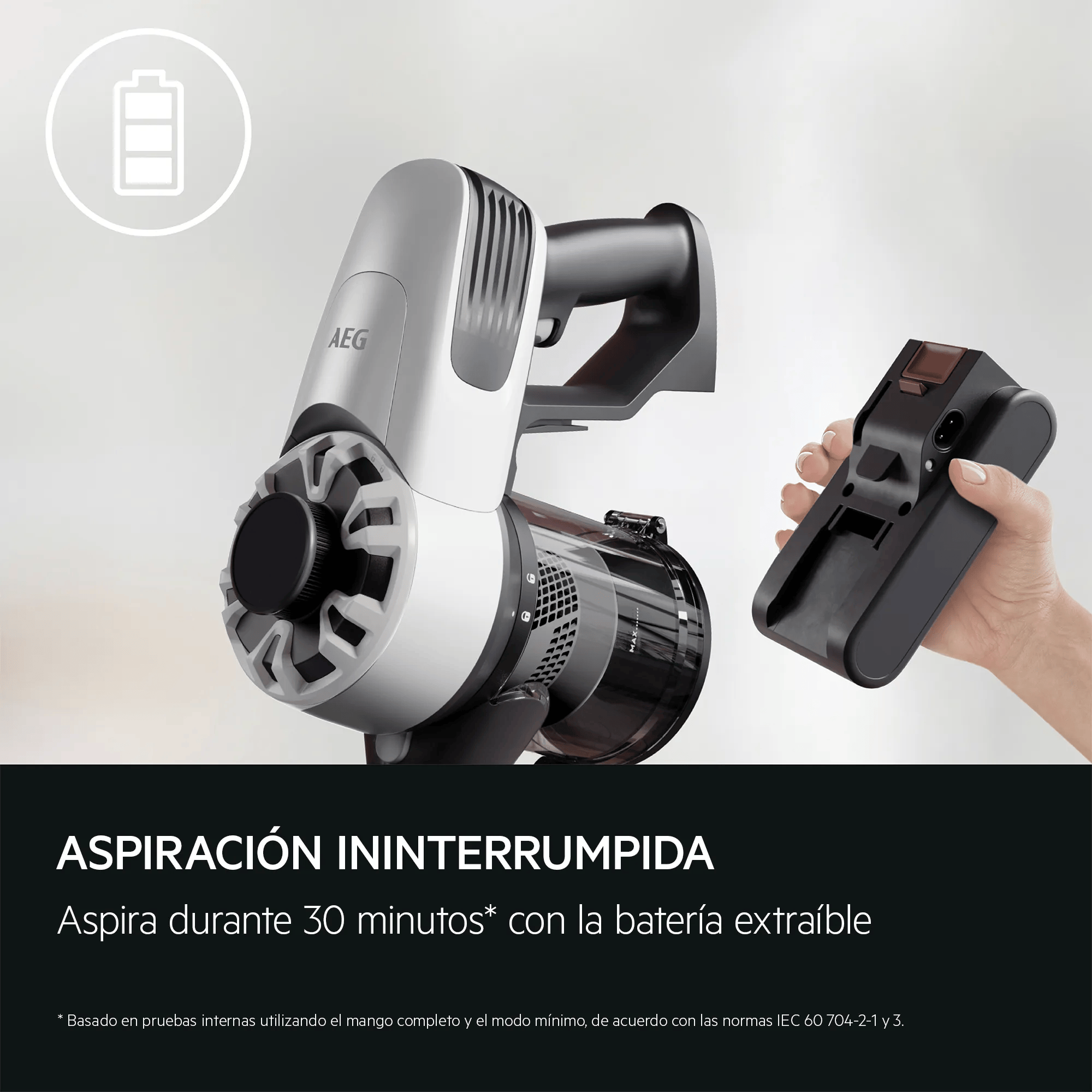Un aspirapolvere AEG con batteria rimovibile e icona della batteria.
