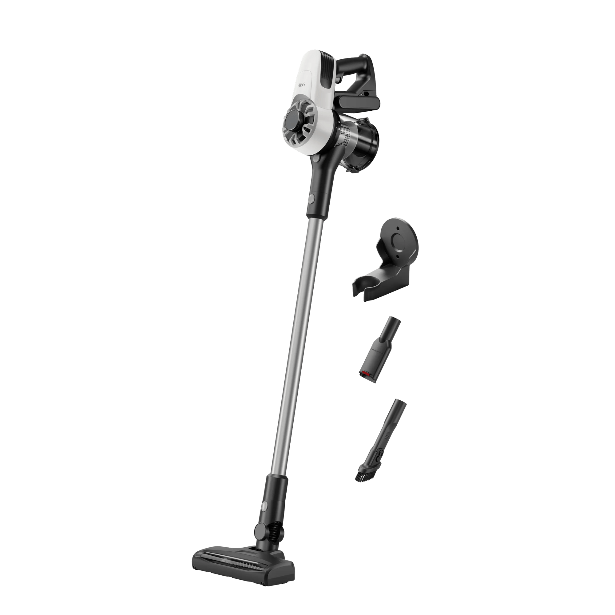 Un aspirapolvere portatile bianco e nero con accessori e supporto da parete.