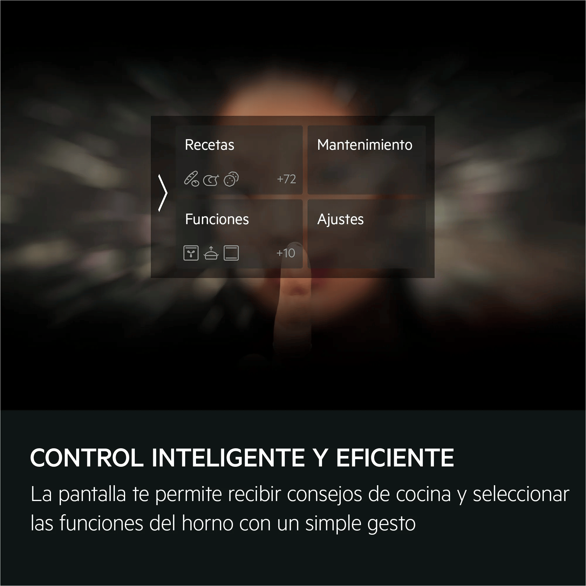Un touchscreen del forno mostra Ricette, Manutenzione, Funzioni e Impostazioni.
