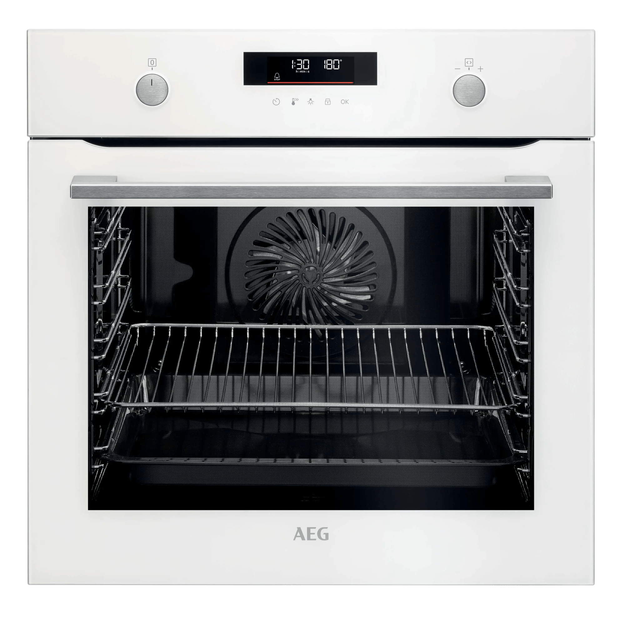 Un horno AEG blanco moderno con pantalla digital y rejilla.