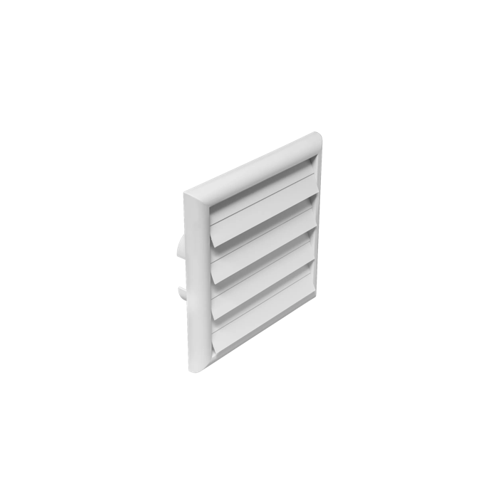 Una rejilla de ventilación rectangular blanca, vista desde un ligero ángulo, mostrando cinco lamas horizontales sobre un fondo blanco.