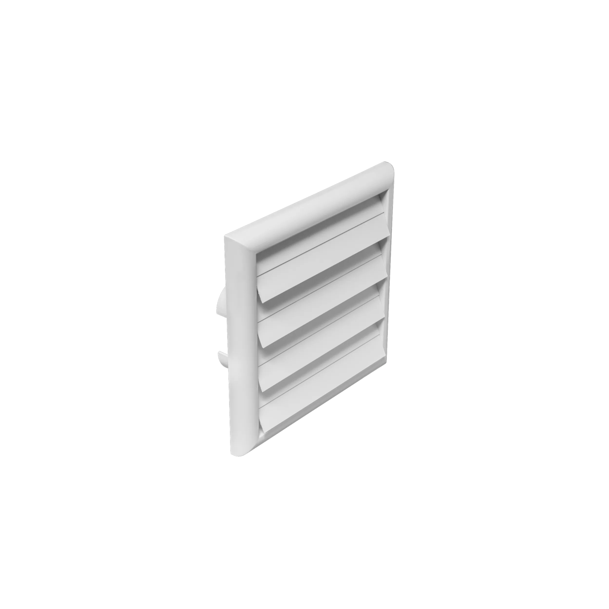 Una rejilla de ventilación blanca con lamas horizontales sobre fondo blanco.