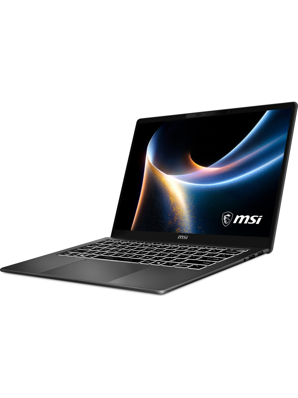 Koyu gri MSI dizüstü bilgisayar açık, ekranında renkli soyut duvar kağıdı gösteriyor.