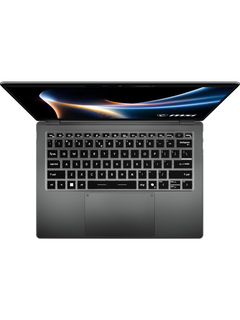 Ekranında aydınlatılmış MSI logosu olan açık bir dizüstü bilgisayar.