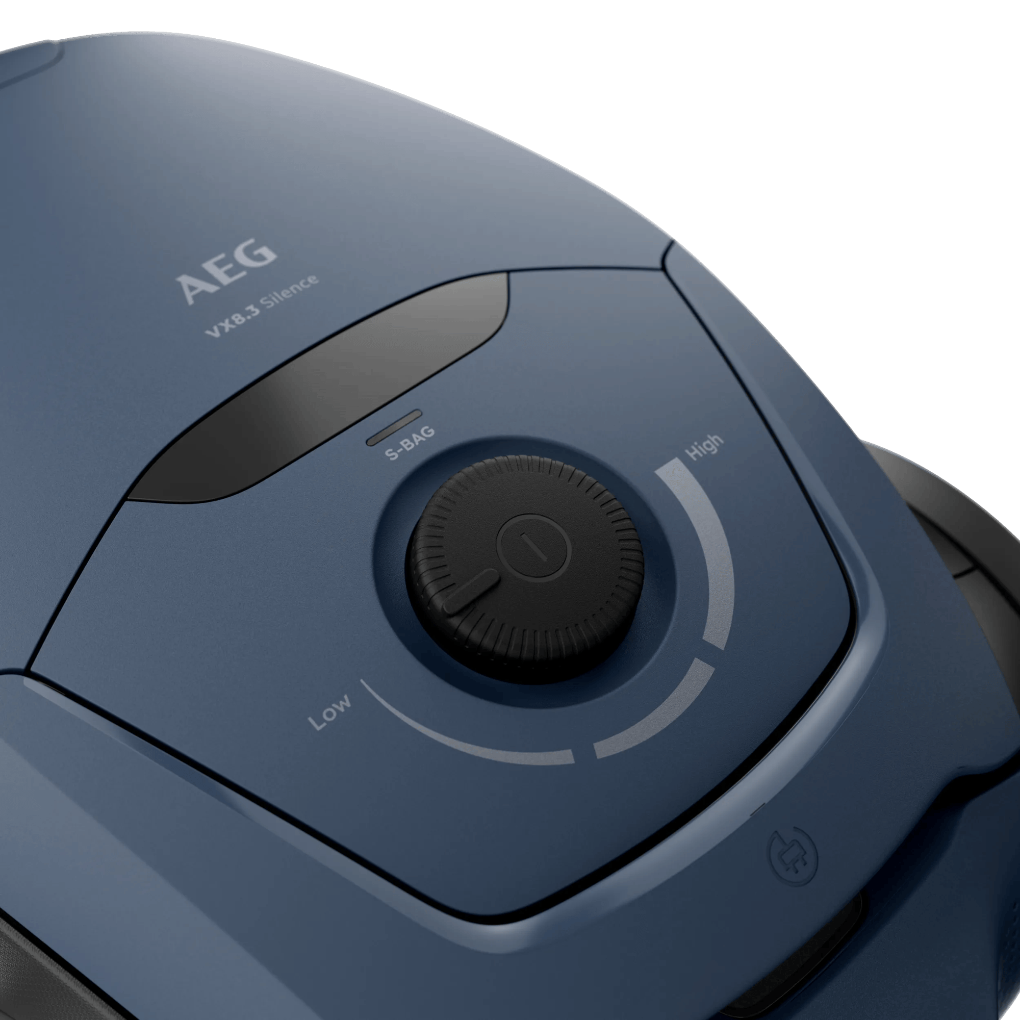 Aspiradora AEG azul oscuro con dial negro para ajustes S-BAG, Bajo y Alto.