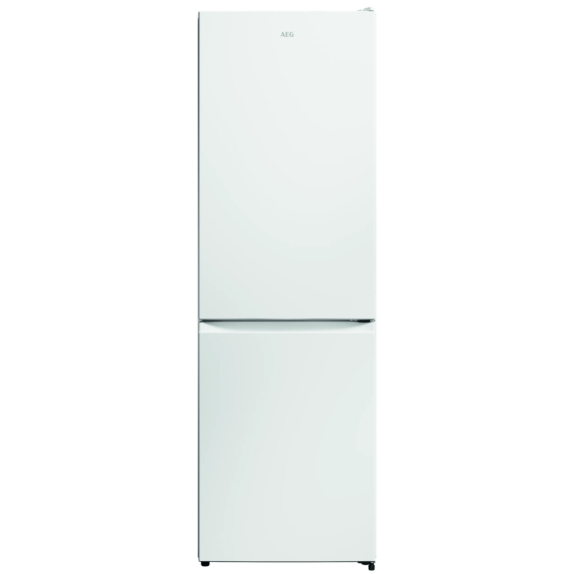 Un frigorífico blanco AEG con dos puertas sobre fondo blanco.