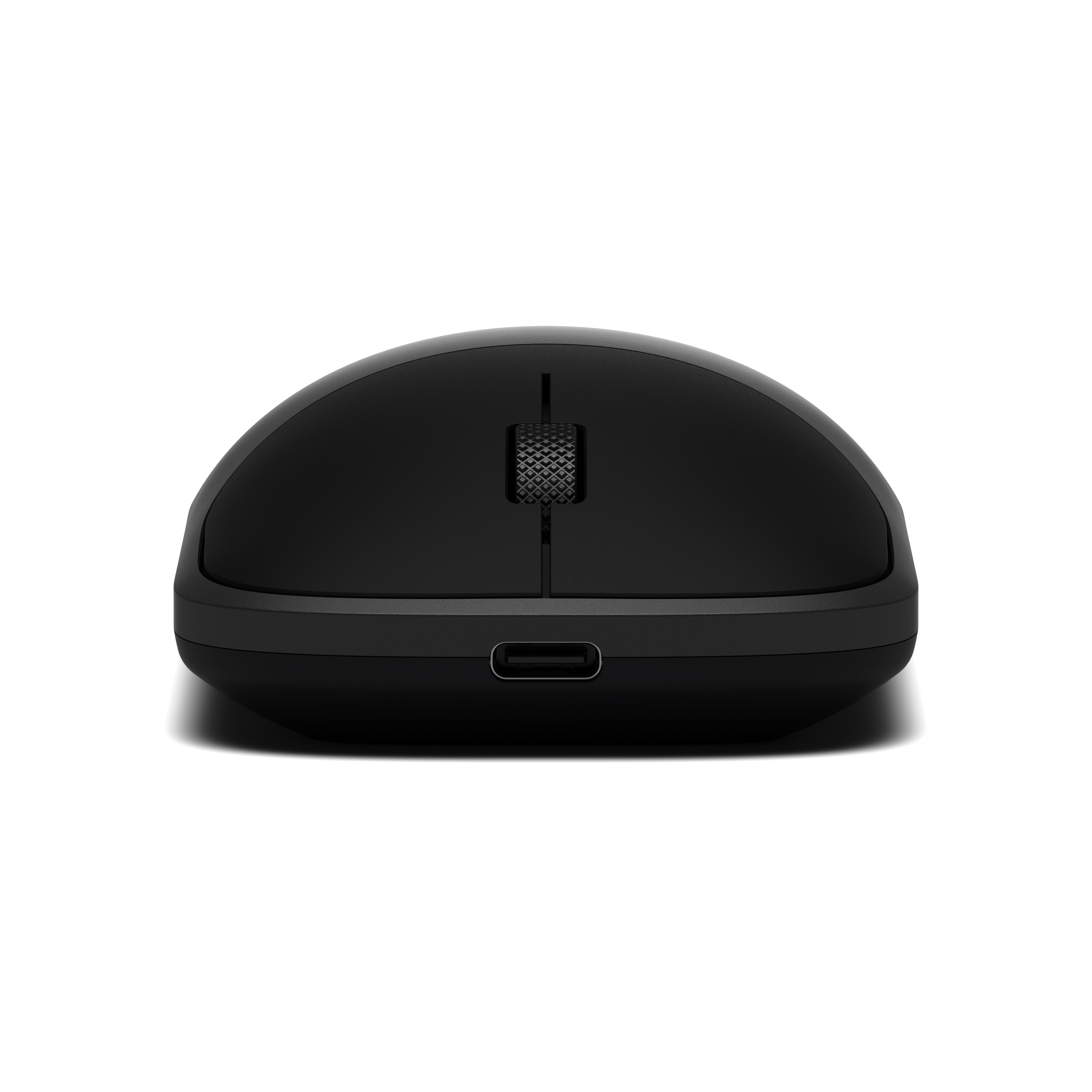 Zwarte computermuis met USB-C poort en scrollwiel.