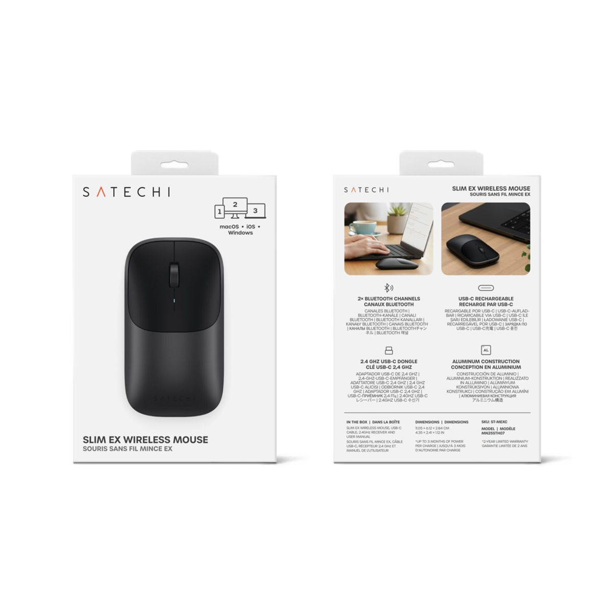 Zwarte Satechi Slim EX draadloze muis met witte tekst en iconen op verpakking.