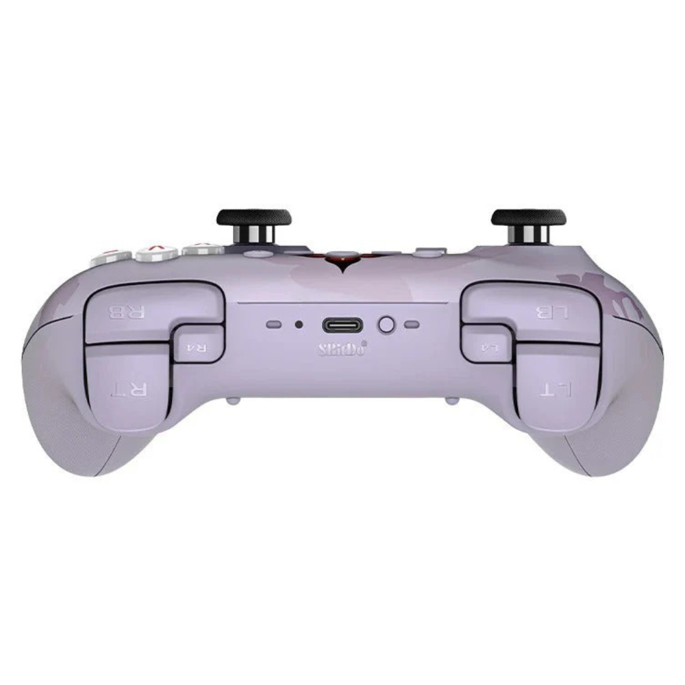 Fioletowy kontroler do gier z dwoma joystickami i przyciskami.