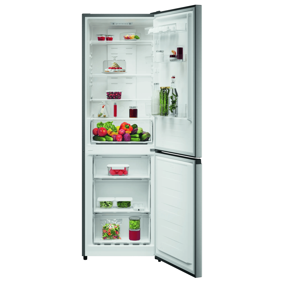 Un refrigerador abierto lleno de alimentos, incluyendo frutas, verduras y postres.