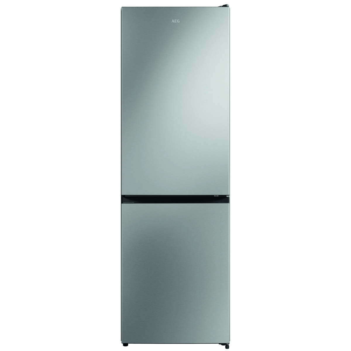 Un refrigerador AEG plateado de dos puertas, arriba y abajo.
