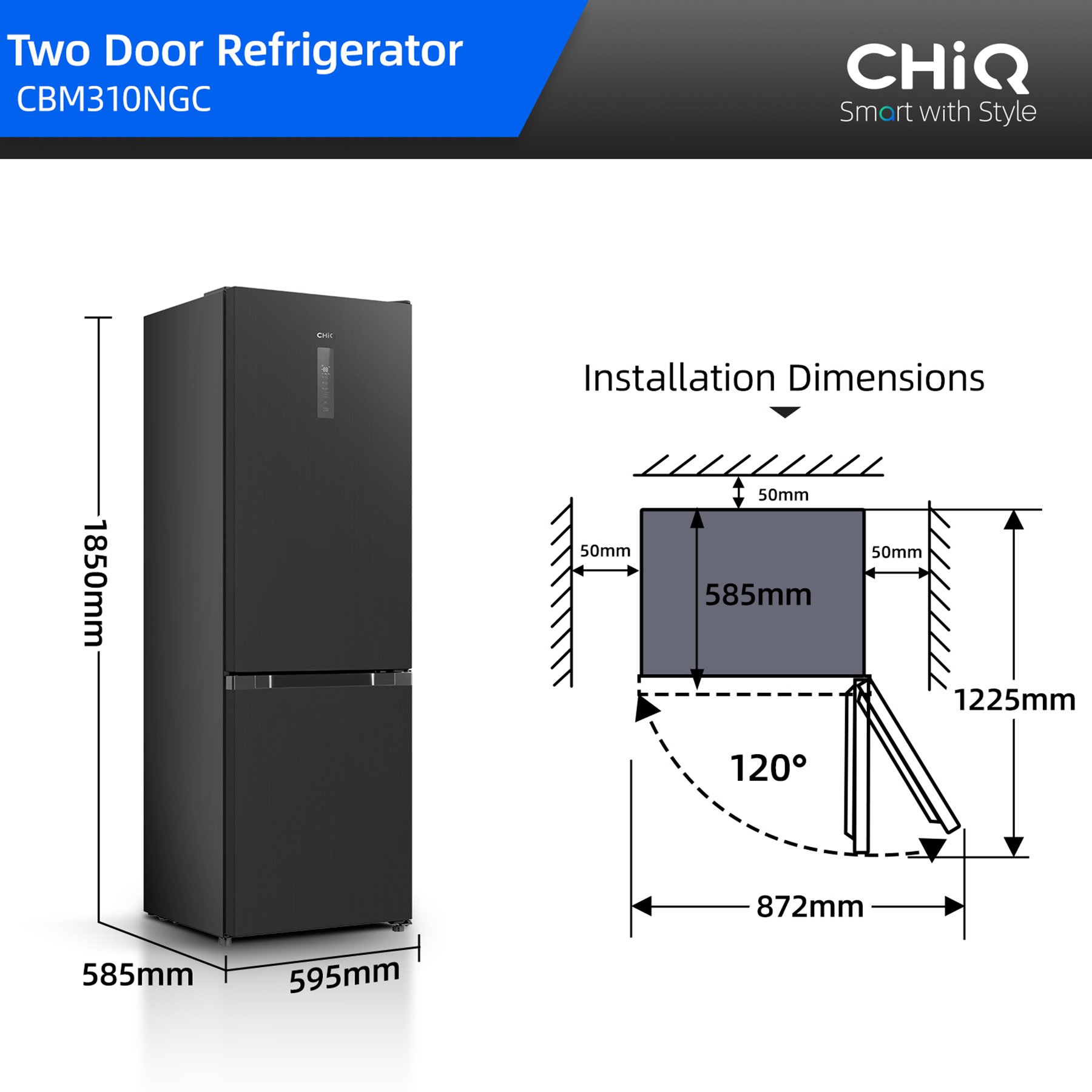 Schwarzer Kühlschrank mit zwei Türen, Maße 1850x585x595mm. Installationsdiagramm daneben.