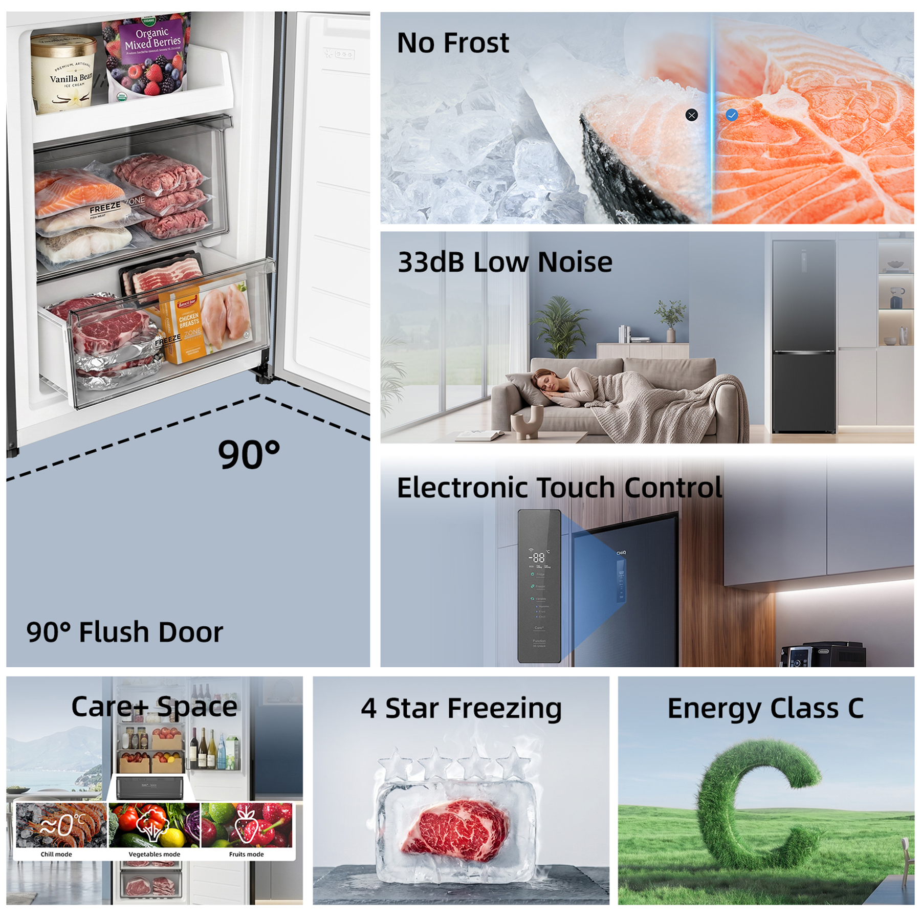 Kühlschrank-Innenraum mit Lebensmitteln, plus Funktionen: No Frost, 33dB, 90° bündige Tür, Care+ Space, 4-Sterne-Gefrierfunktion, Energie C.