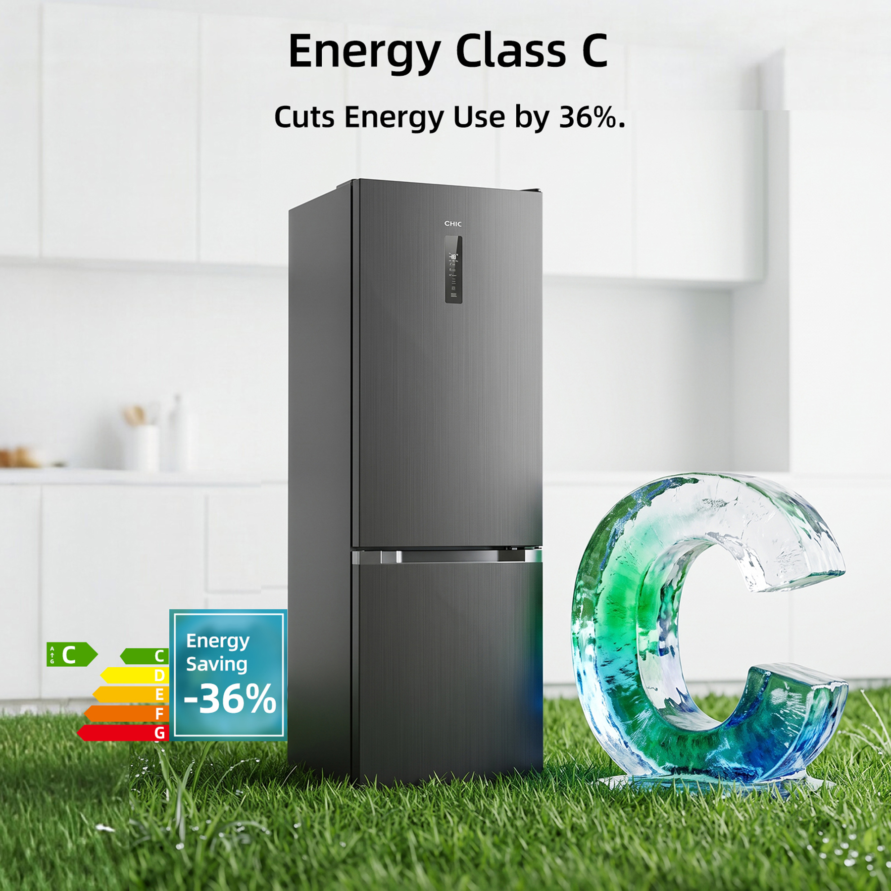 Ein grauer Kühlschrank mit Energieklasse C und einem Eis-C auf grünem Gras.