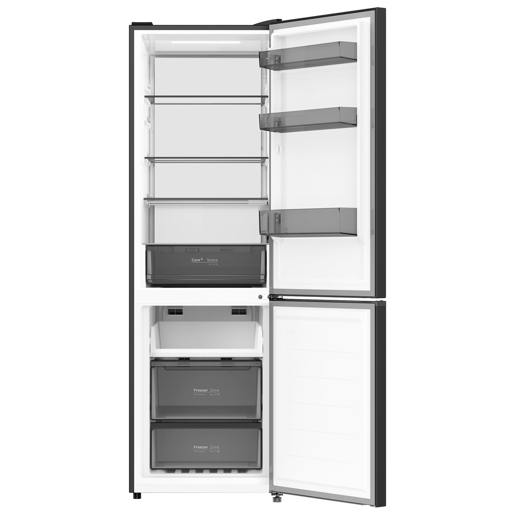 Ein offener schwarzer Kühlschrank mit mehreren Regalen und Schubladen.
