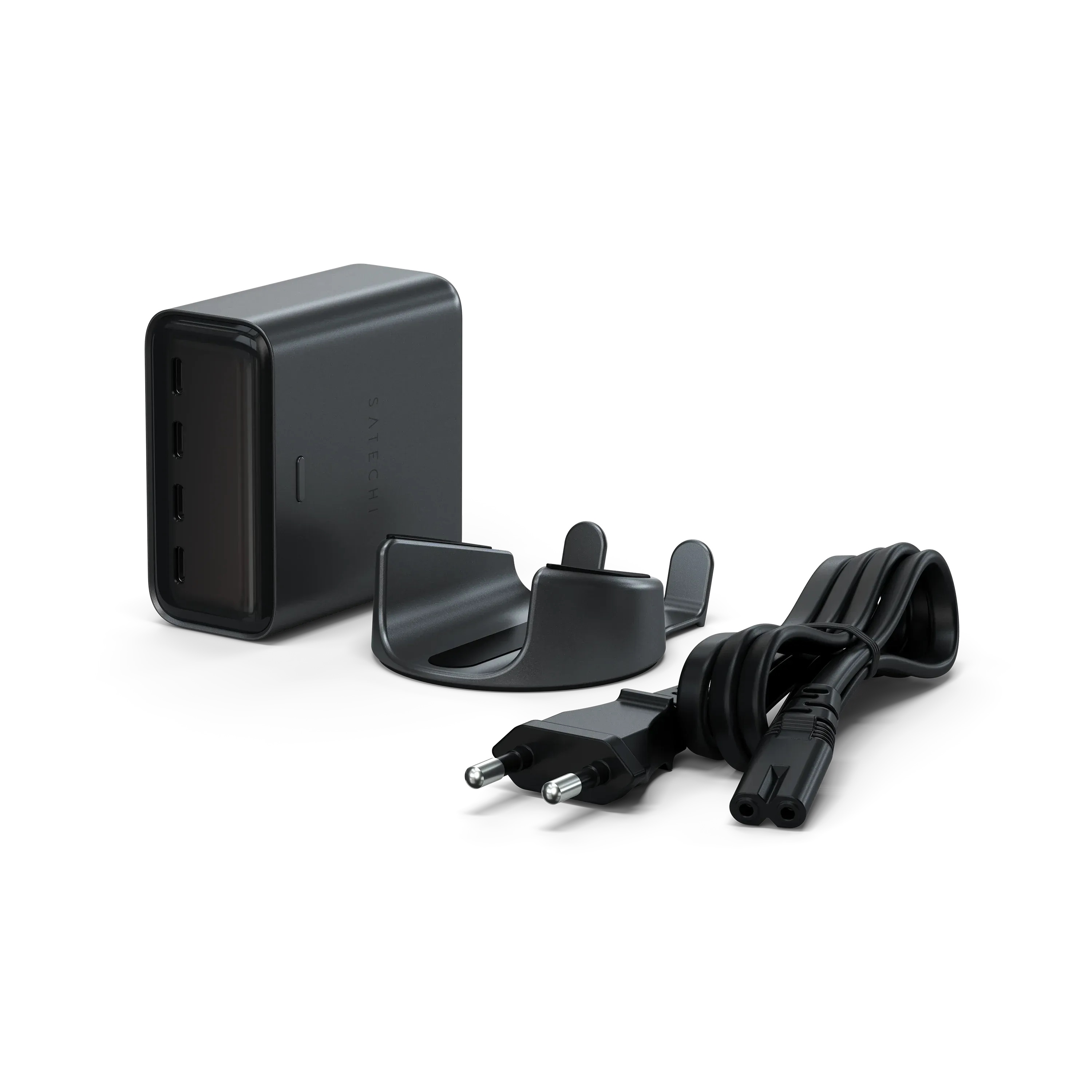 Alimentatore nero con supporto di ricarica e cavo.
