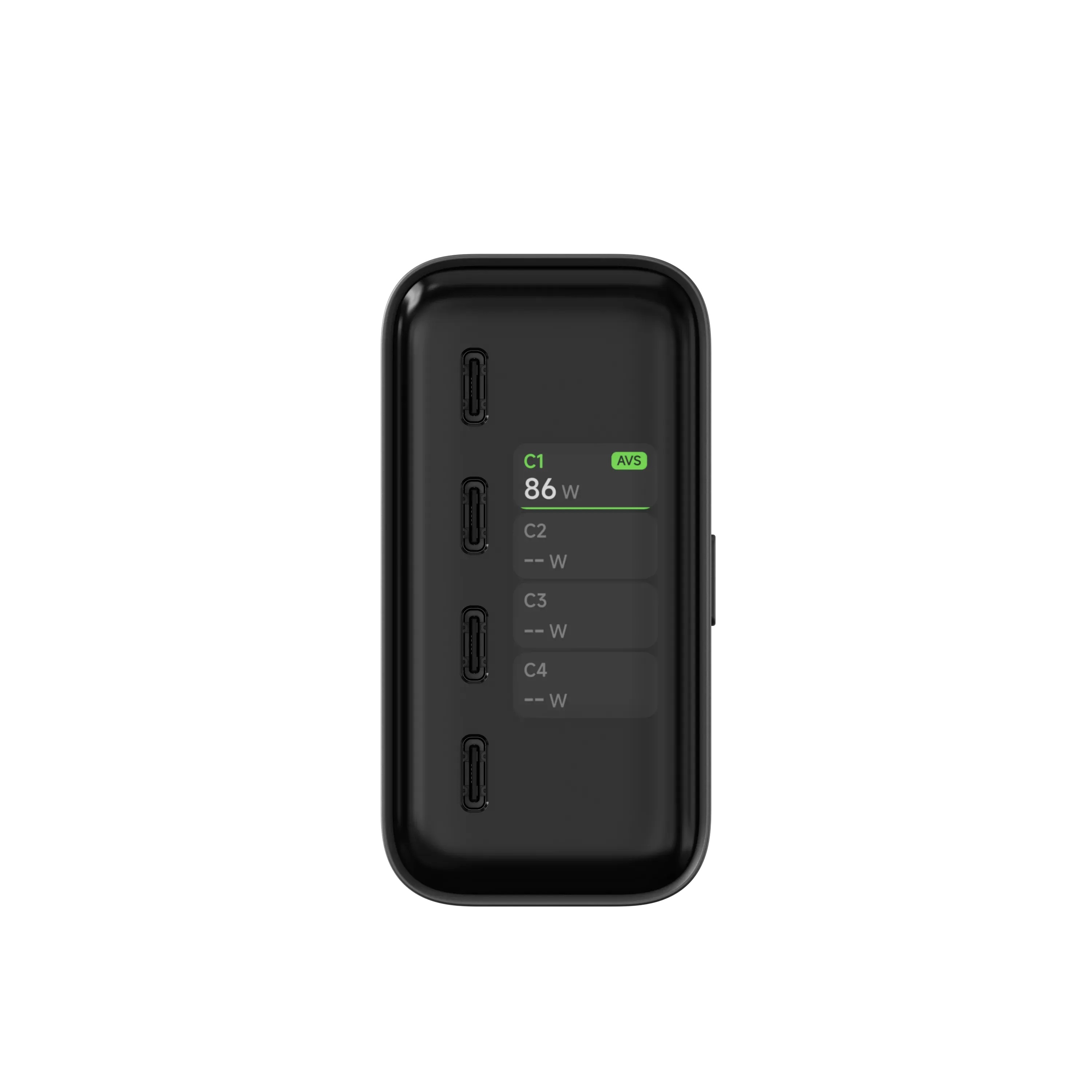 Caricabatterie nero con quattro porte USB-C, una mostra 86W.