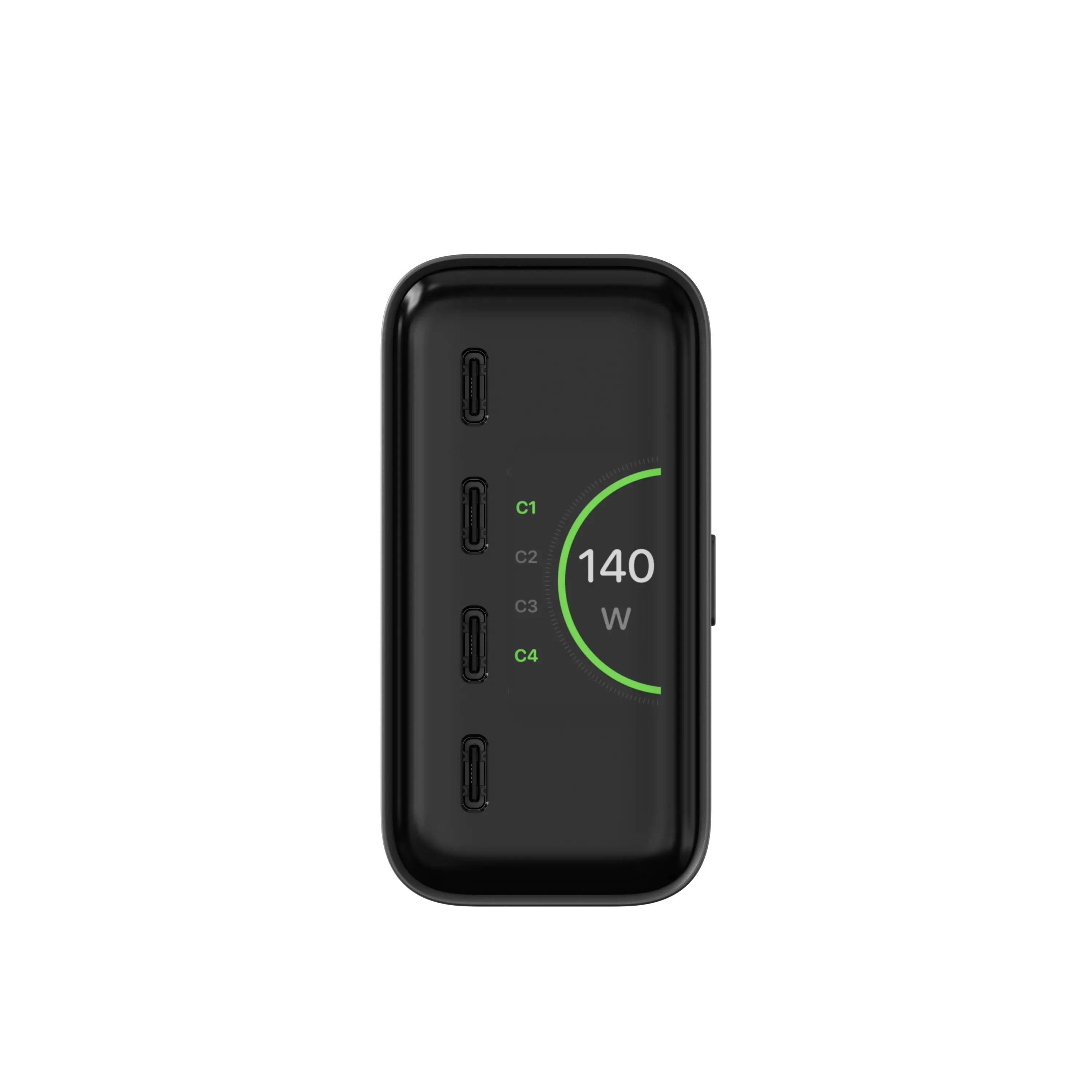 Caricatore USB-C nero con 4 porte e display da 140W.