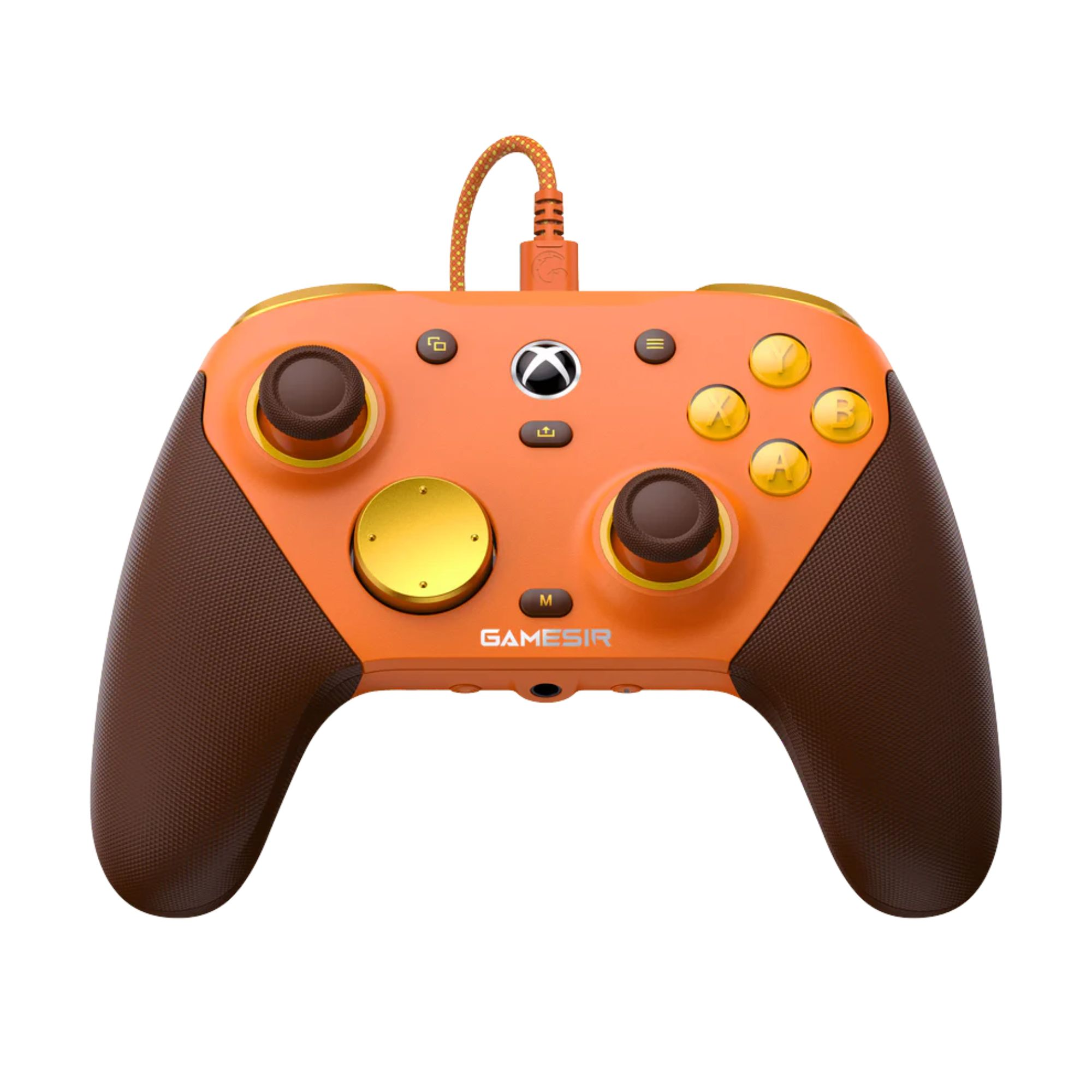 Pomarańczowy kontroler Xbox z brązowymi uchwytami i złotymi akcentami.
