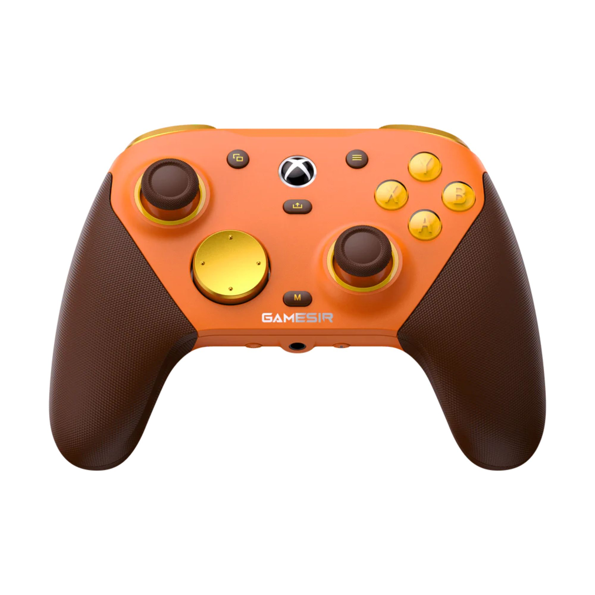 Pomarańczowy kontroler Xbox z brązowymi uchwytami i złotymi akcentami.