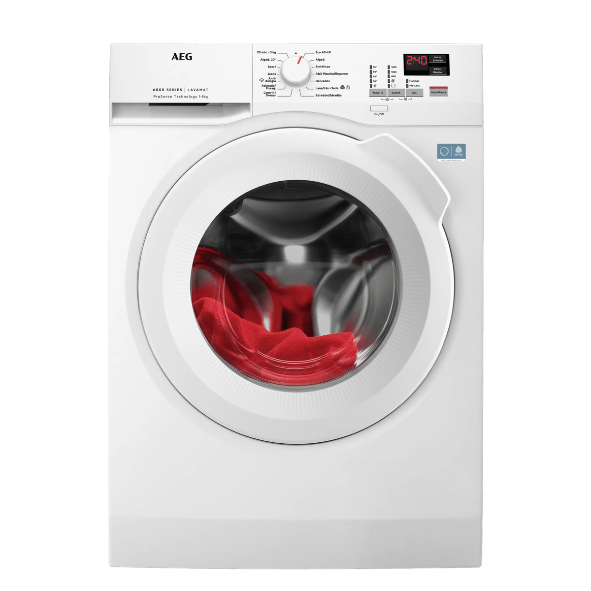 Una lavadora AEG blanca con tela roja en el tambor y pantalla digital.