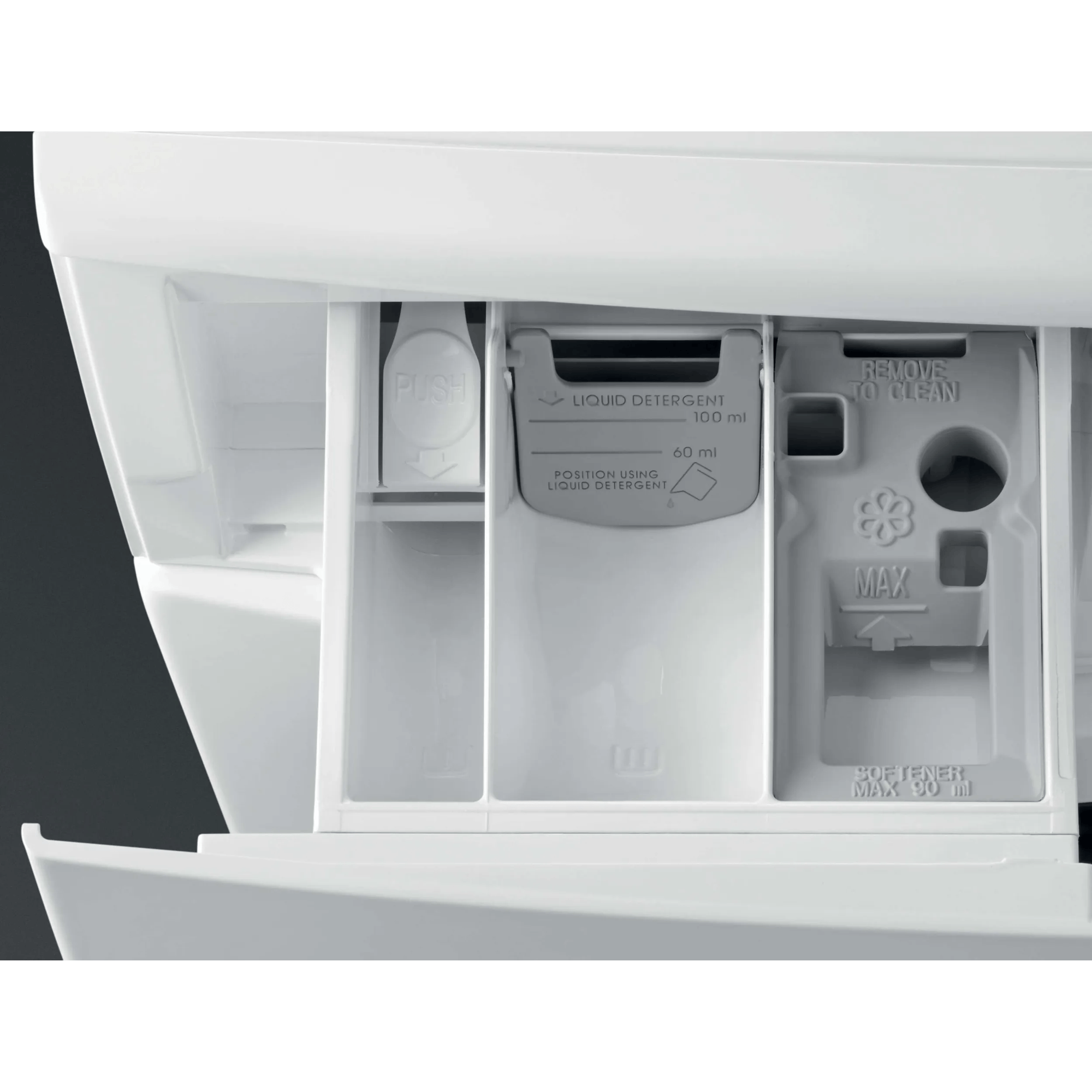 Dispensador blanco de detergente con compartimentos para detergente líquido y suavizante.