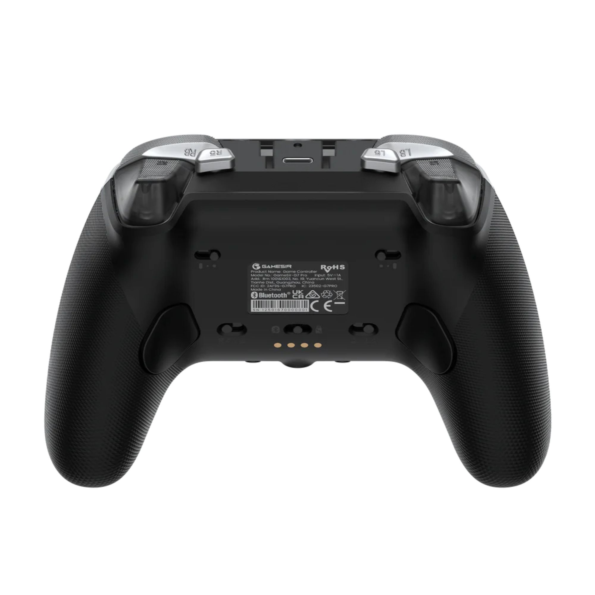 Tył czarnego kontrolera do gier z przyciskami LB/RB, portem USB-C i oznaczeniami.