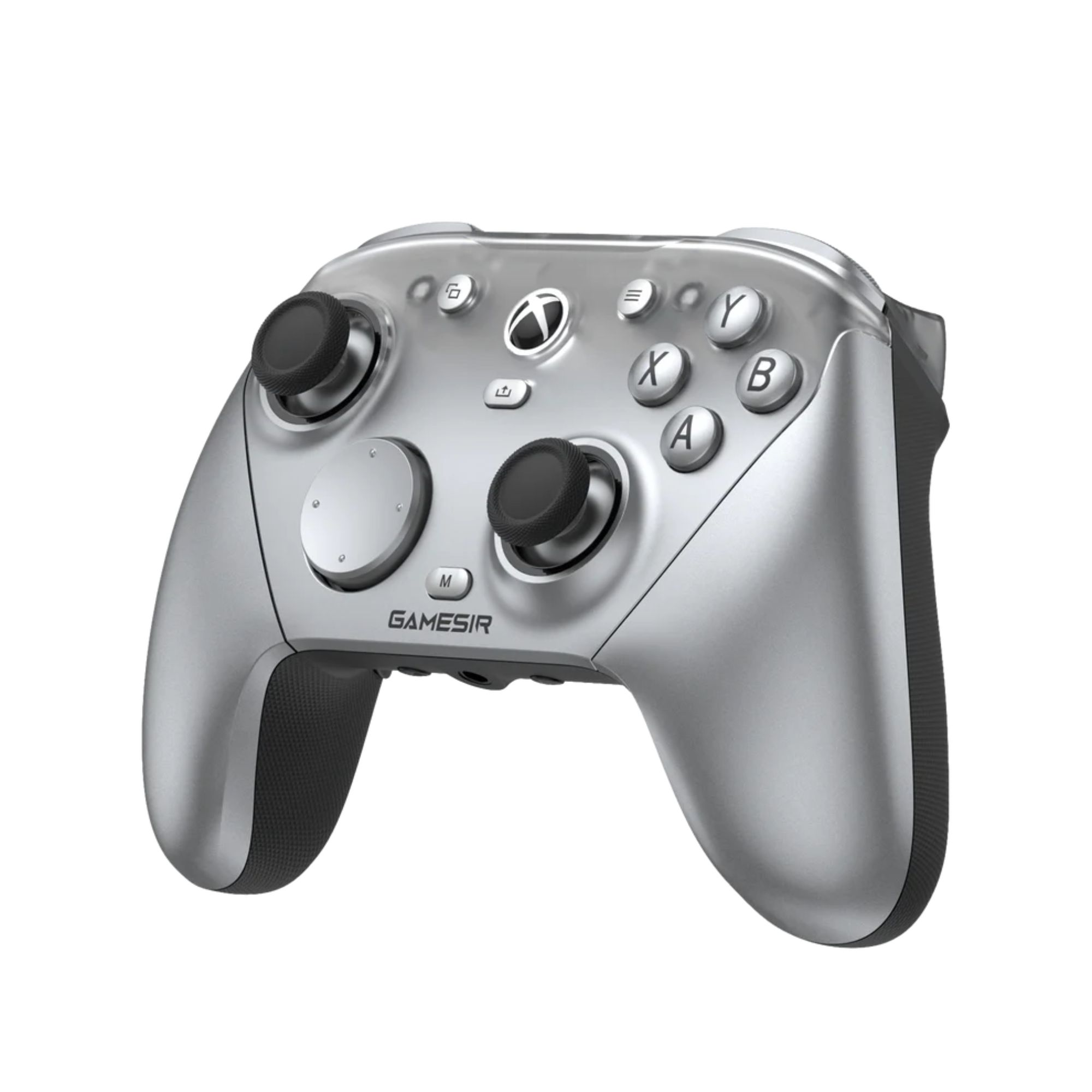 Srebrny kontroler Xbox z czarnymi przyciskami i joystickami.