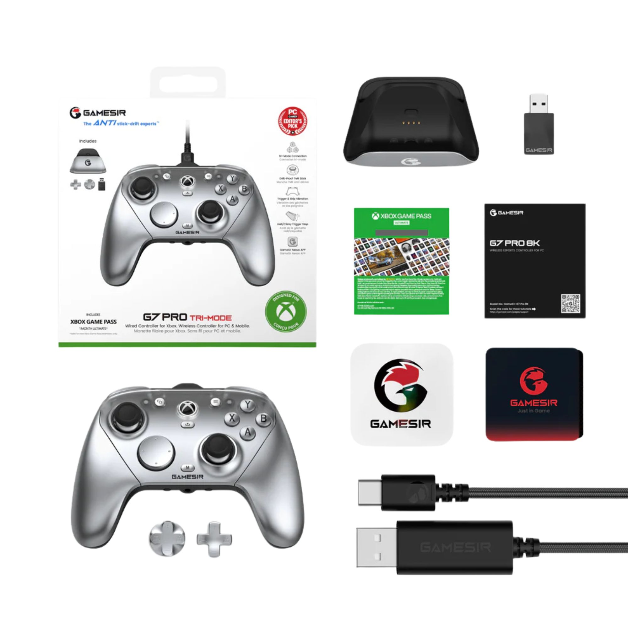 Srebrny kontroler GameSir G7 Pro, akcesoria i opakowanie są wyeksponowane.
