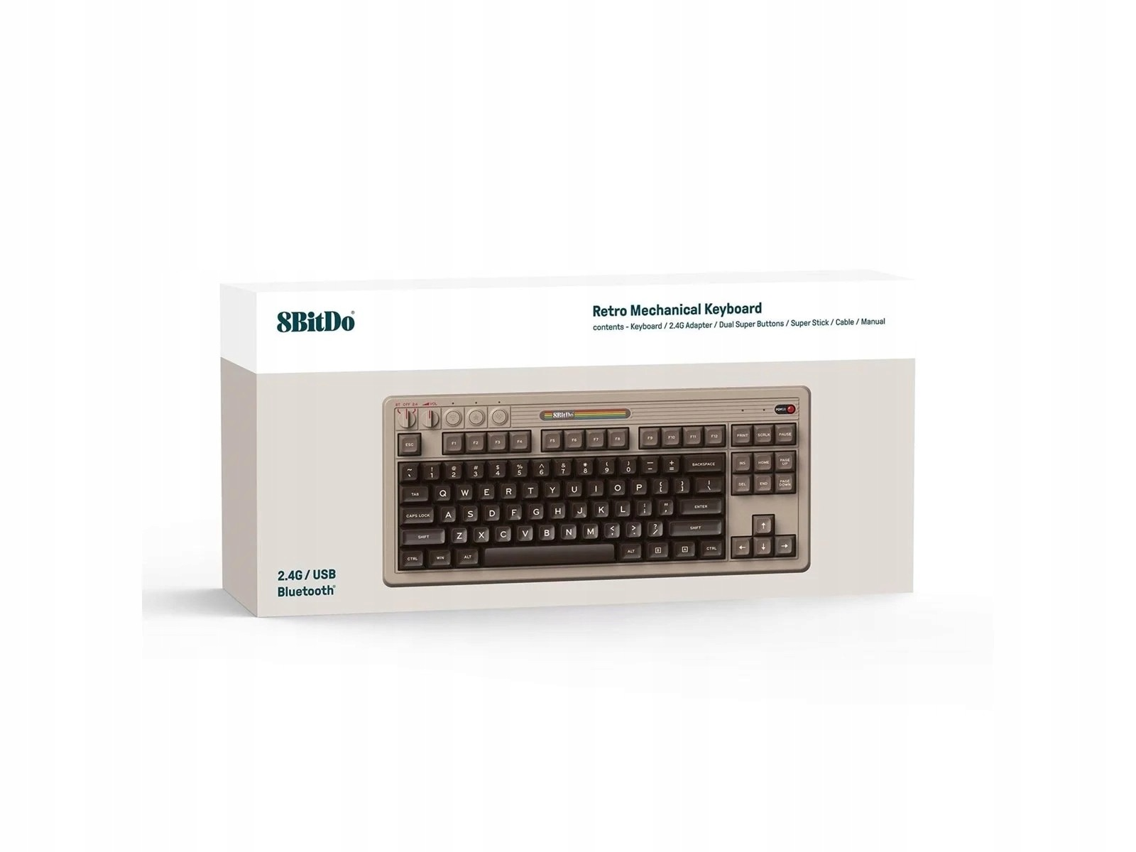 Beżowa, mechaniczna klawiatura retro 8BitDo z układem QWERTY.