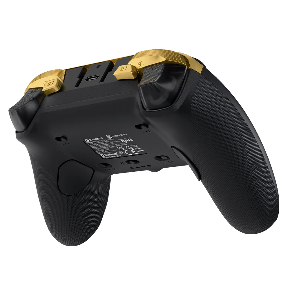 Czarny kontroler gamingowy ze złotymi akcentami, przyciskami L1/R1 i portem USB-C.