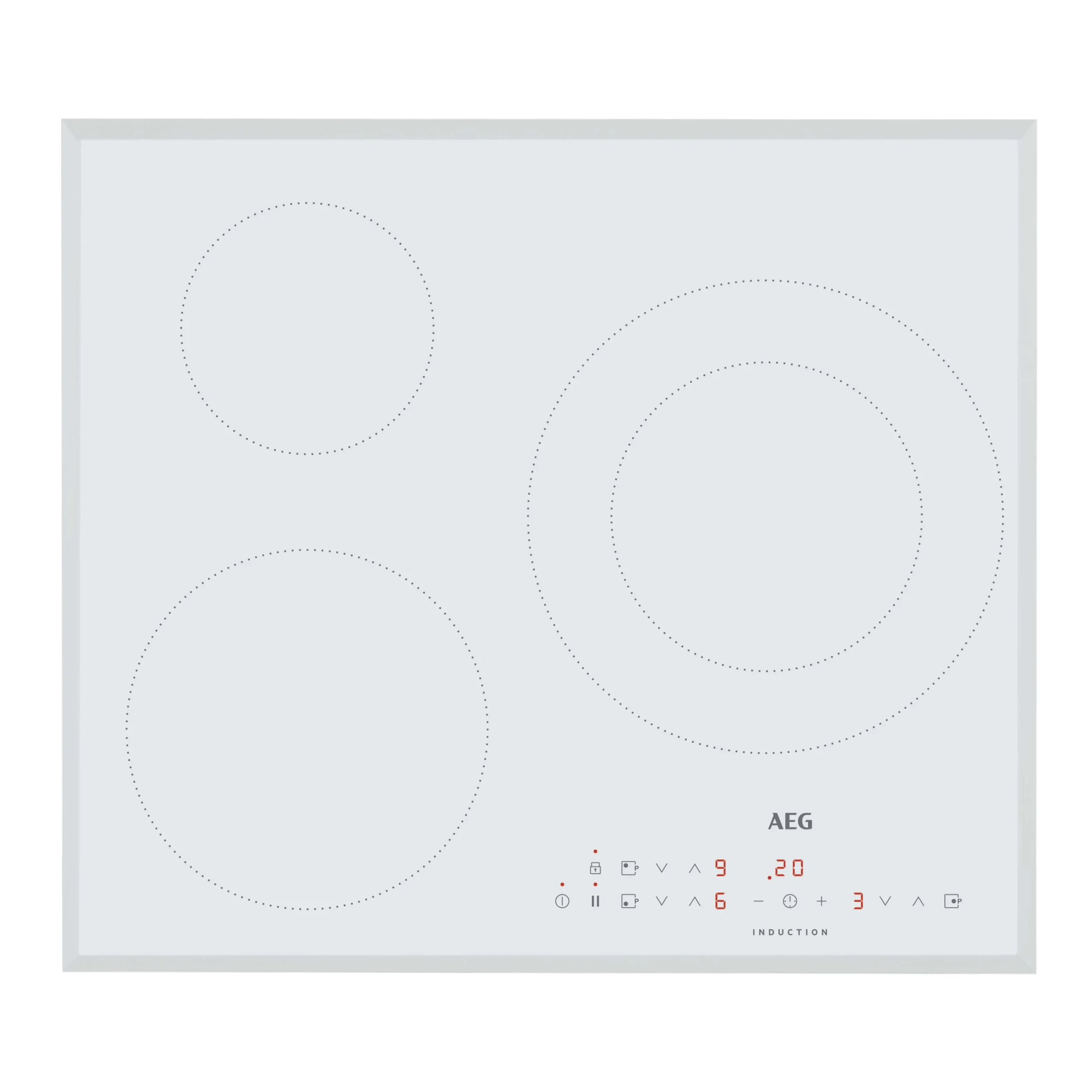 Placa de inducción blanca con tres zonas de cocción y controles digitales.