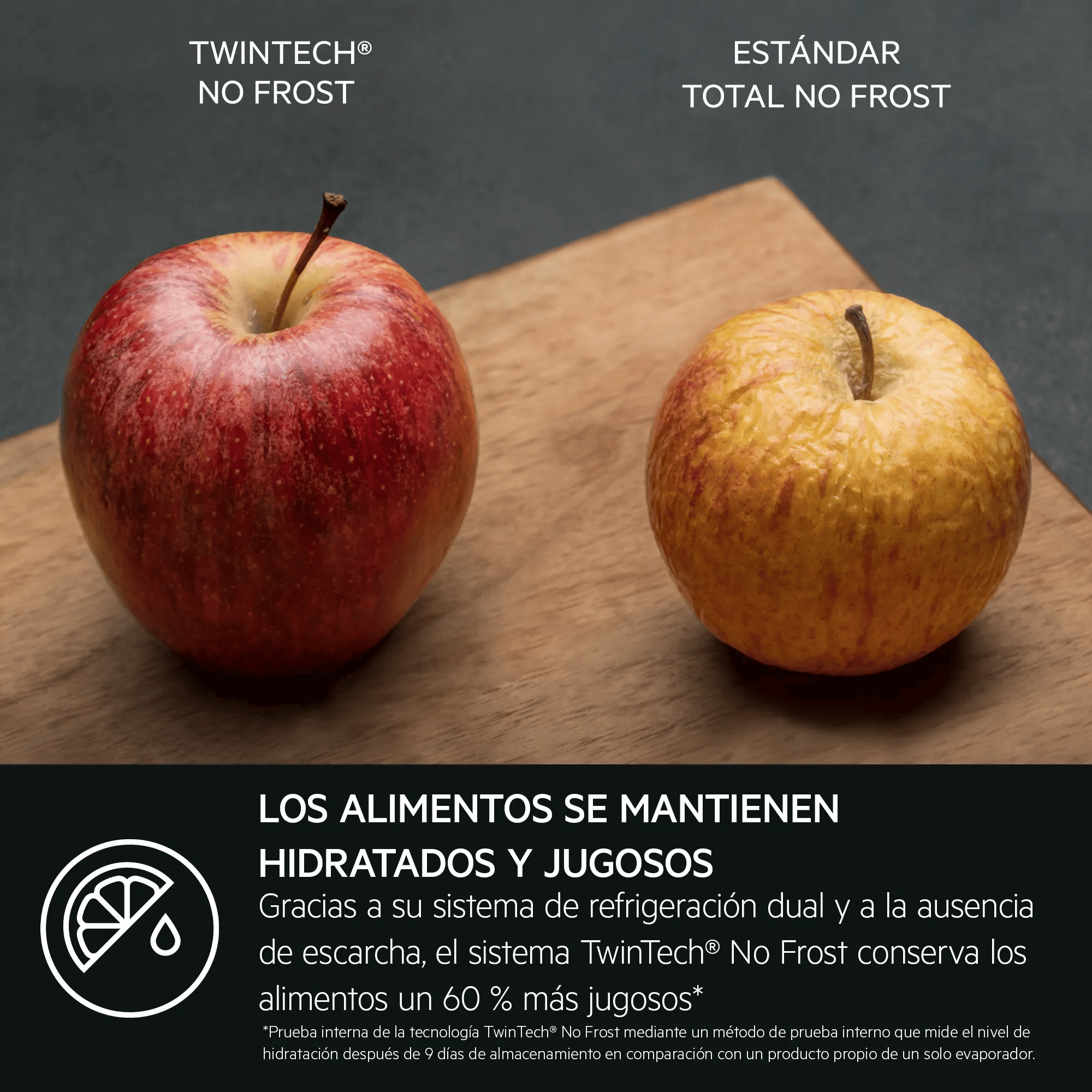 Dos manzanas sobre una tabla de madera. Una es roja y fresca, la otra amarilla y arrugada.