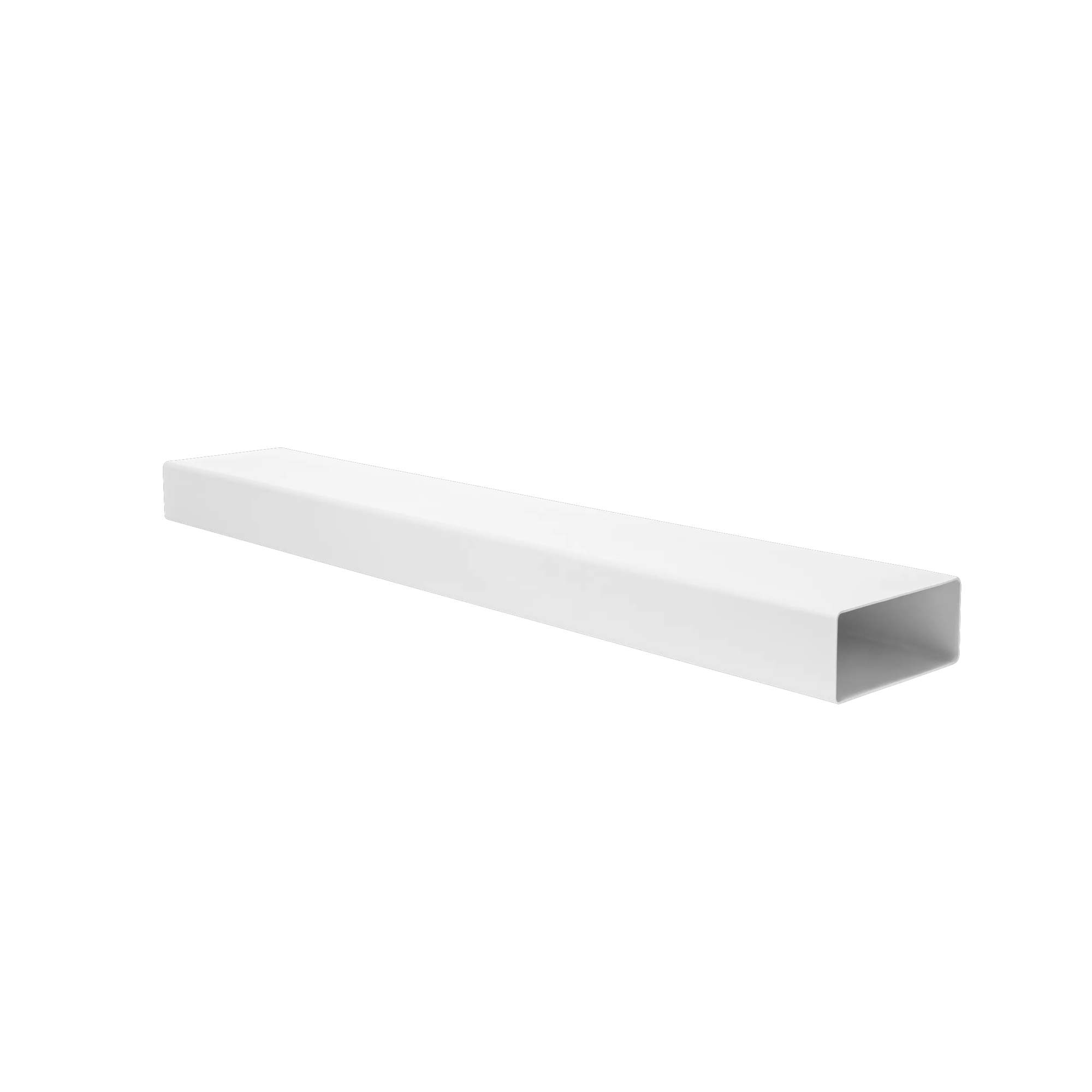 Una tubería rectangular blanca con un extremo abierto, sobre fondo blanco.