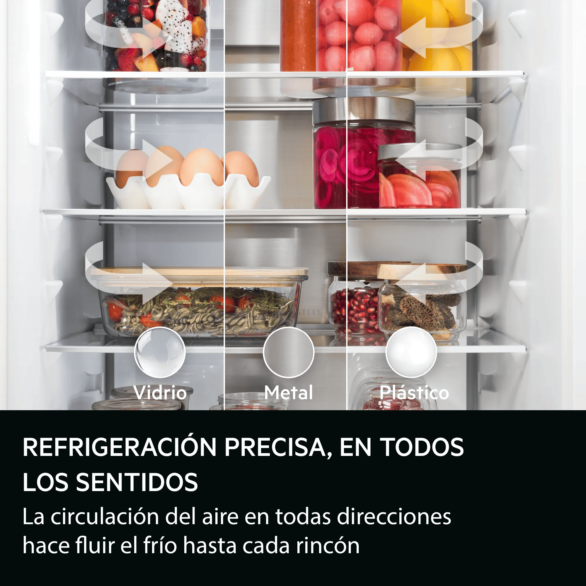 Estantes de refrigerador con frutas, huevos y vegetales encurtidos. Flechas muestran circulación de aire.