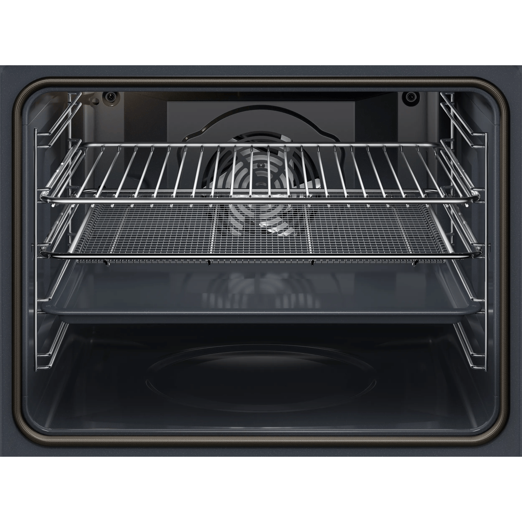Vista interior de un horno vacío con dos rejillas y una bandeja.