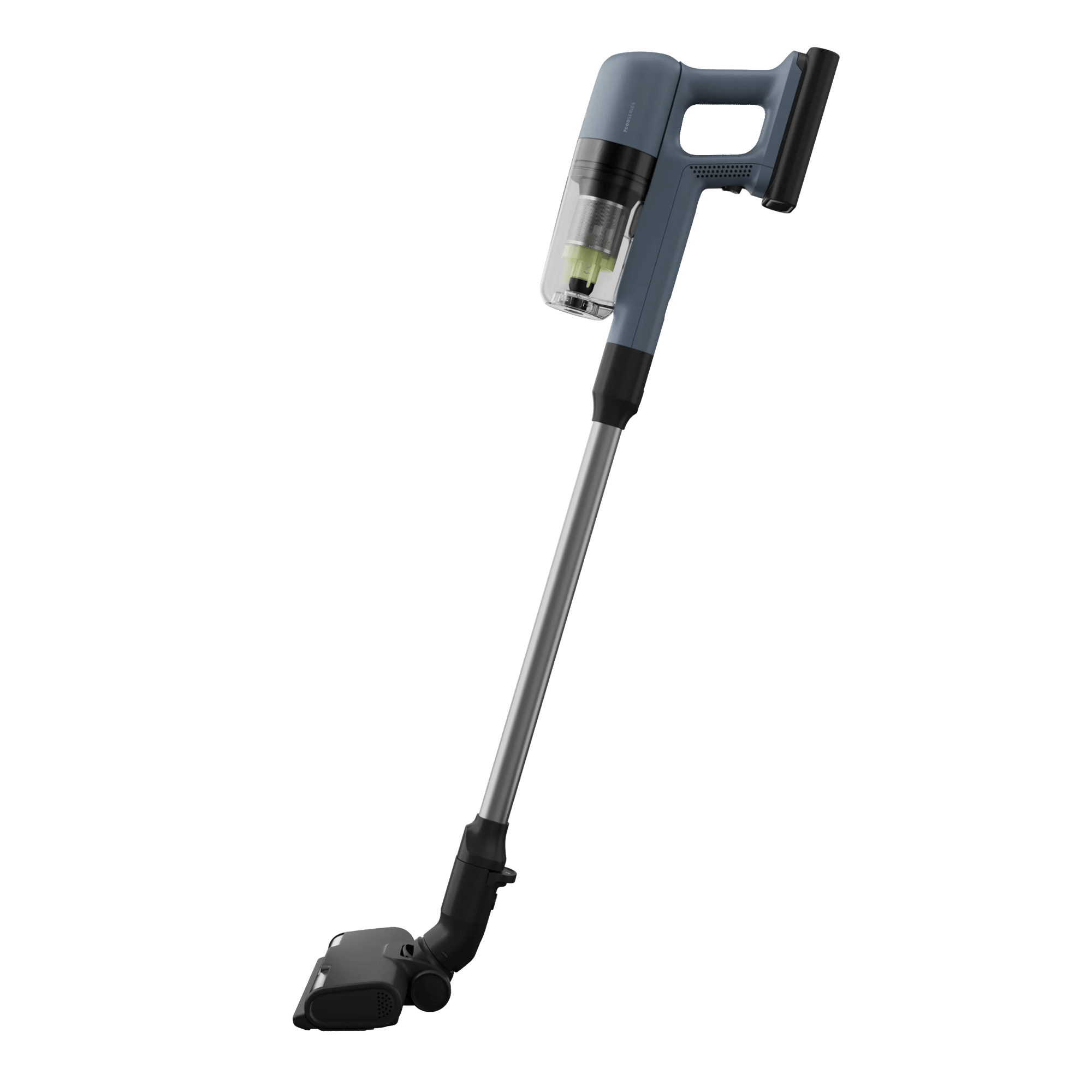 A blue cordless vacuum cleaner with a silver tube and black handle.