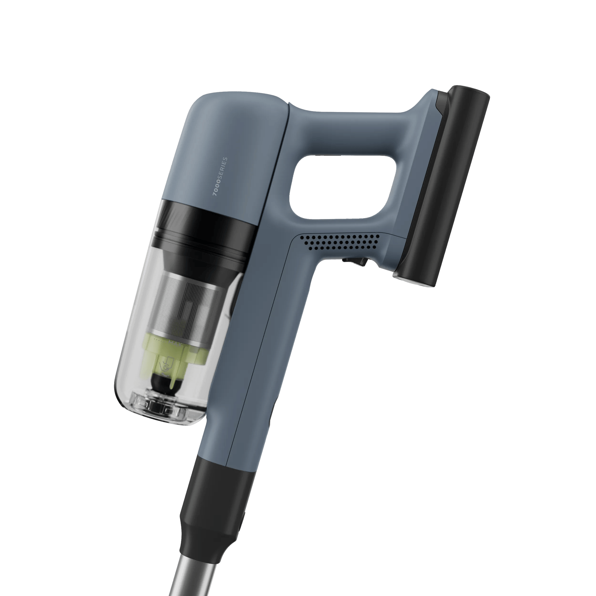Gray handheld vacuum cleaner with clear dustbin and silver tube.