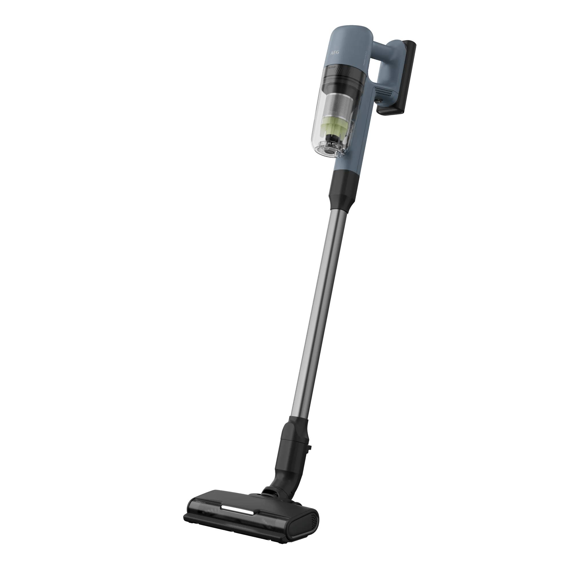 A blue cordless vacuum cleaner with a clear dustbin and floor nozzle.